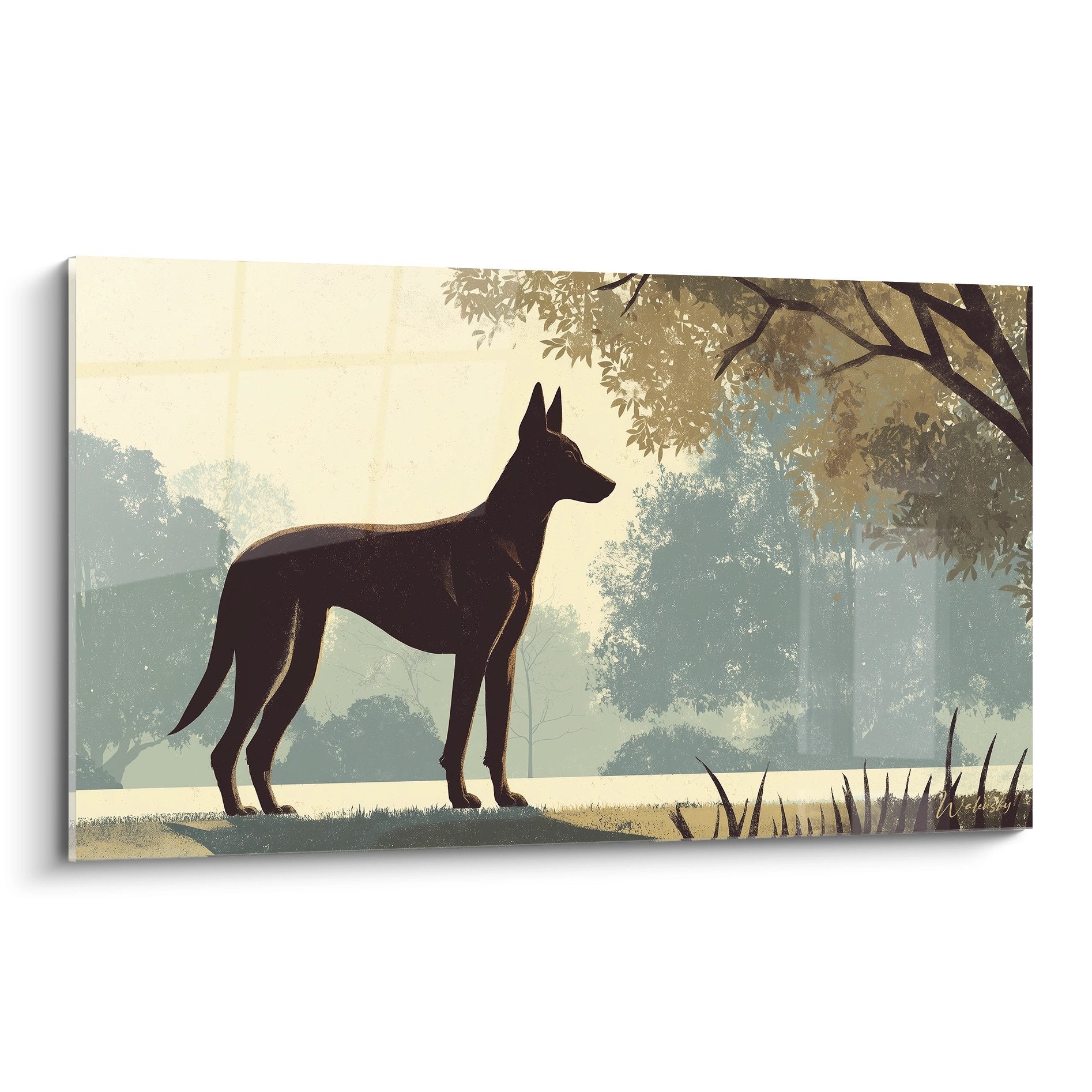 Silhouette Berger Belge Malinois contemplant paysage brumeux tons dores lever jour nature paisible