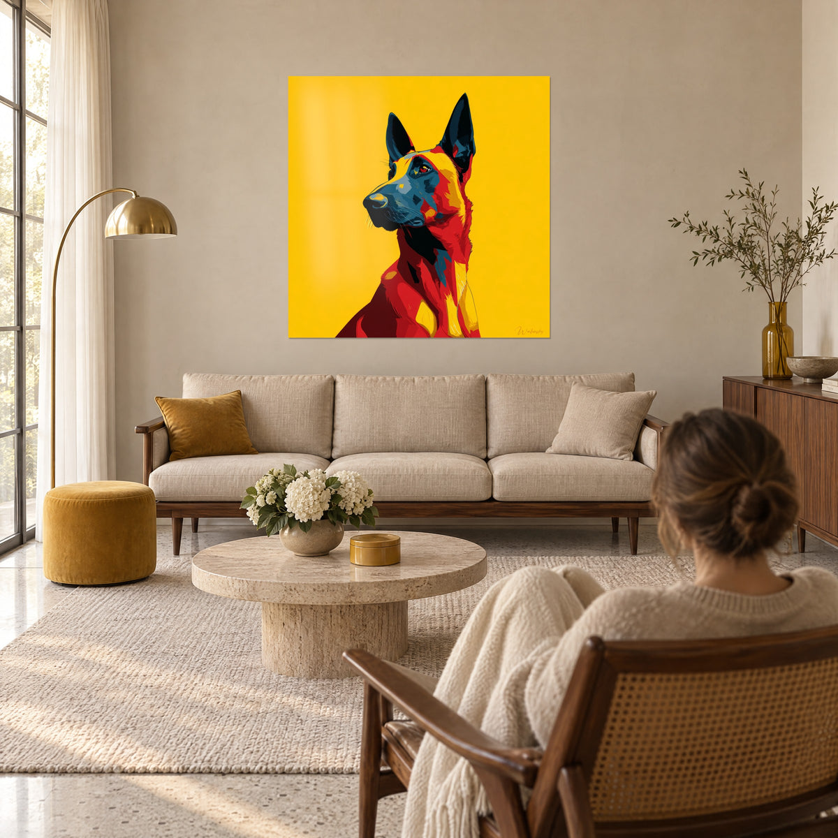 Schilderij Belgische herder met felrood vacht en leiblauwe snuit op gele achtergrond, boven een bank in een lichte woonkamer