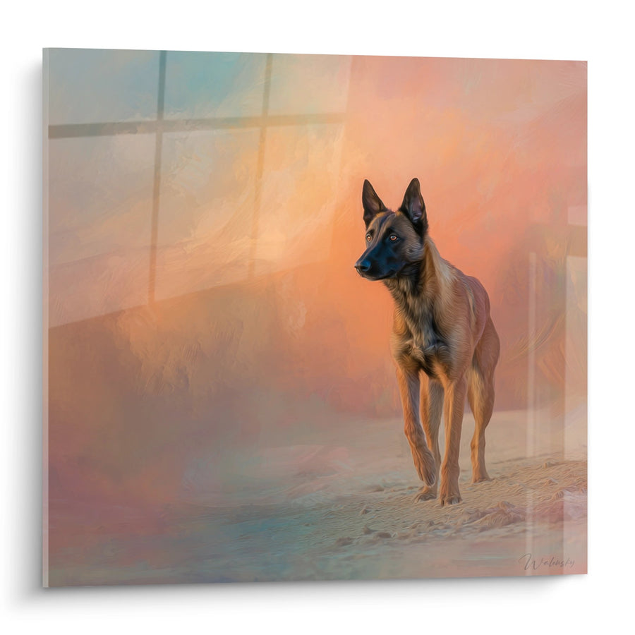 Schilderij Belgische Malinois Herder met Goud- en Koperachtige Tonen - Schemerlicht - Editie Belgische Malinois