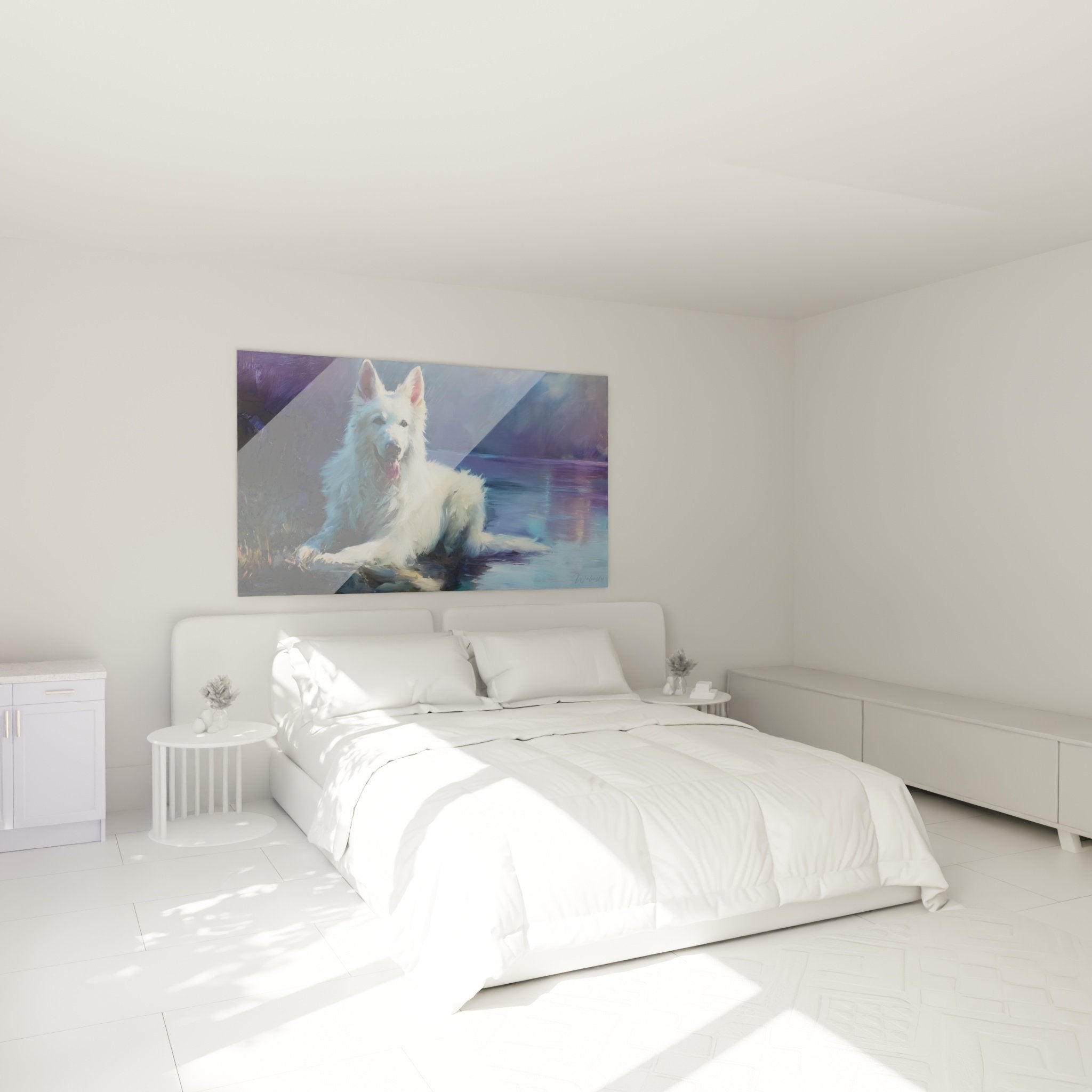 Tableau Berger Blanc Suisse tons bleus violets accroché au mur d'une chambre moderne aux tons neutres