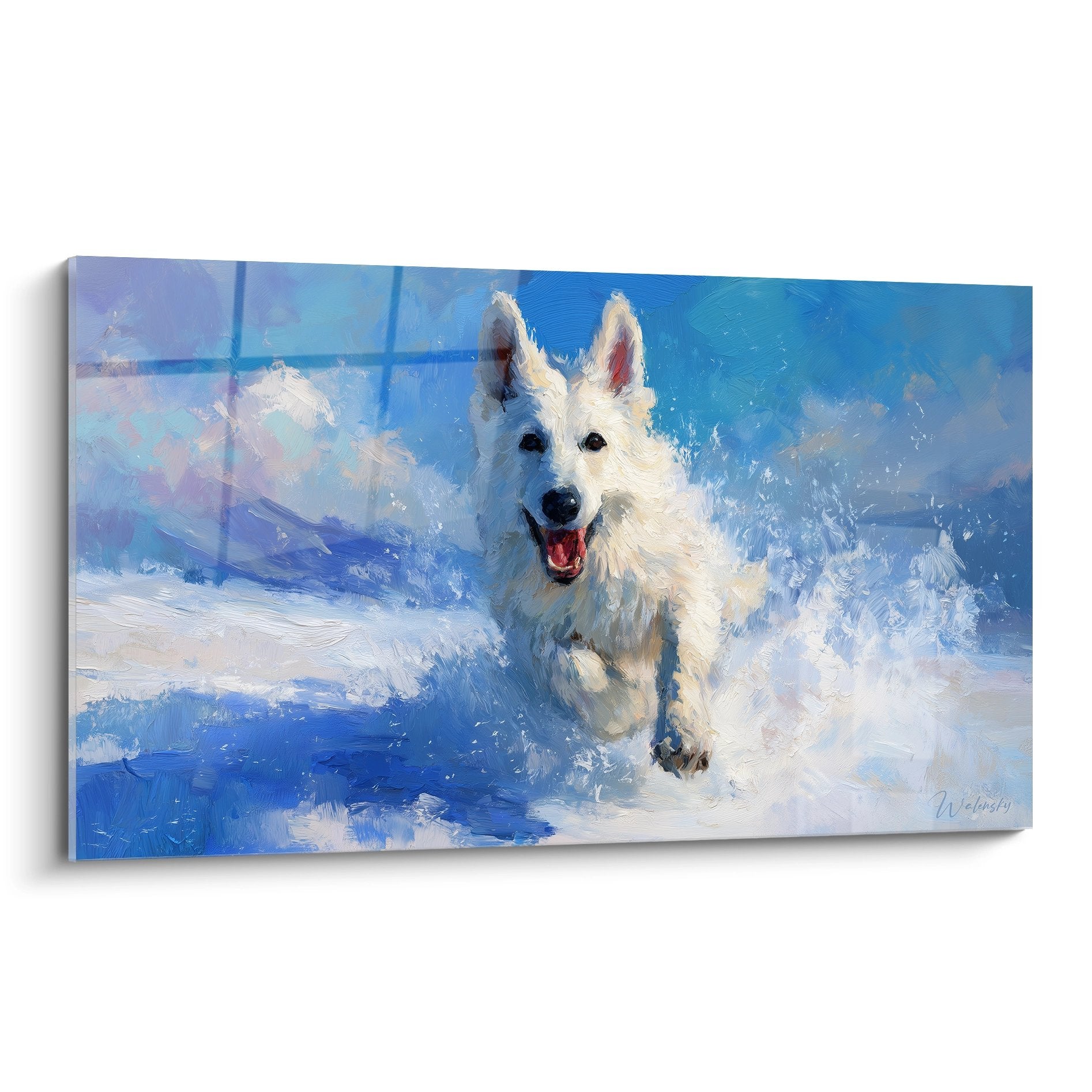 Berger blanc suisse bondissant joyeusement dans eau bleue avec eclaboussures blanches peinture impressionniste