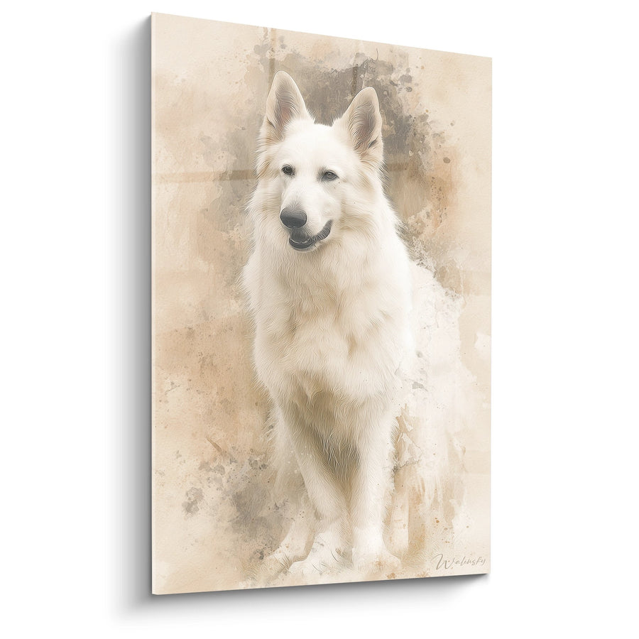 Tableau Chien Blanc Portrait Aquarelle - Douceur Nordique - Edition Berger Blanc Suisse