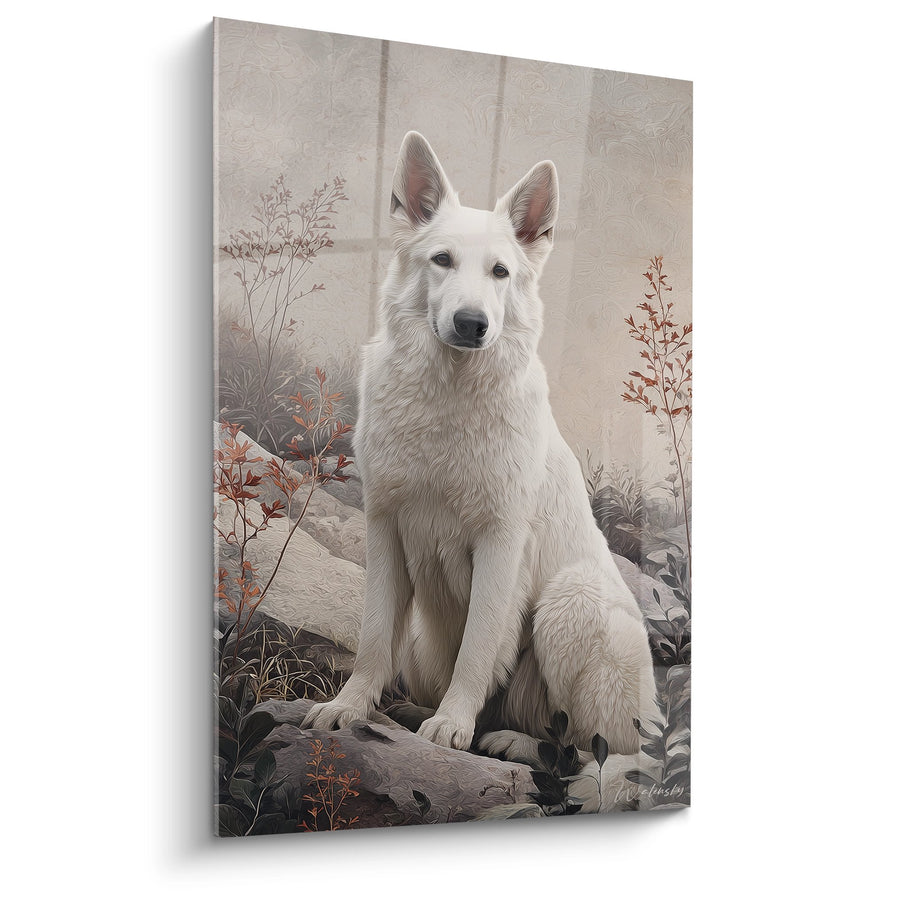 Tableau Berger Blanc Suisse Assis dans Paysage Automnal - Portrait Serein - Edition Berger Blanc Suisse