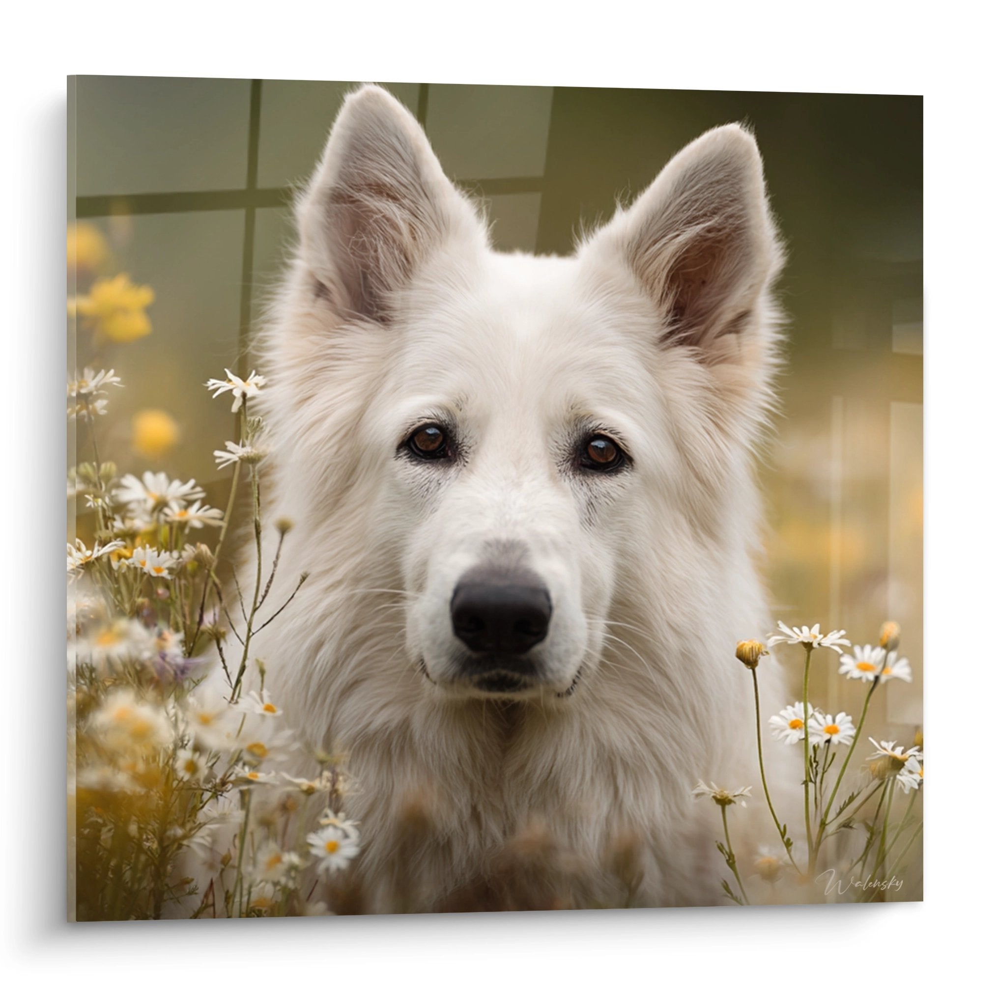 Portrait berger blanc suisse yeux ambres marguerites blanches lumiere doree champetre