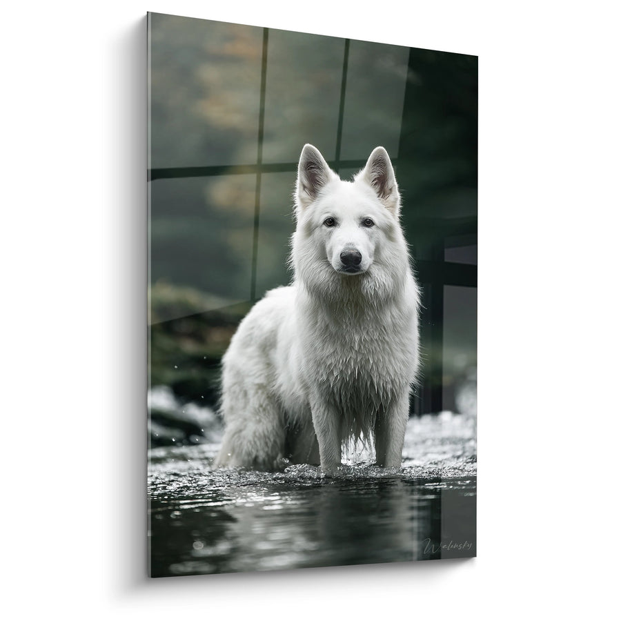 Tableau Berger Blanc Assis au Bord de l'Eau - Reflets Silencieux - Edition Berger Blanc Suisse