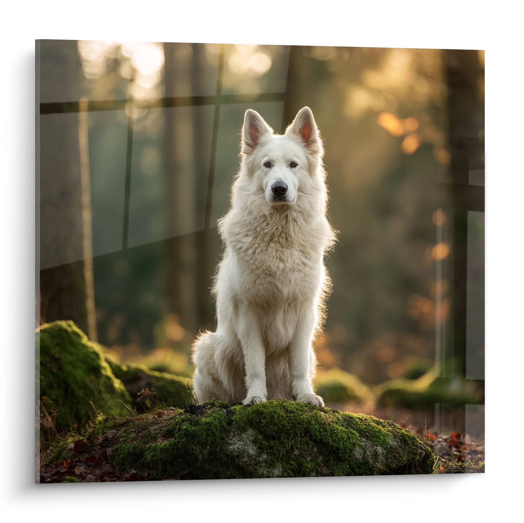 Berger Blanc Suisse majestueux assis sur rocher moussu dans foret lumiere doree naturelle