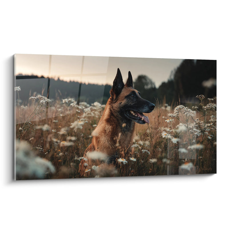 Tableau Berger Belge Malinois dans un Champ de Fleurs au Coucher du Soleil - Sérénité Champêtre - Edition Berger Belge Malinois