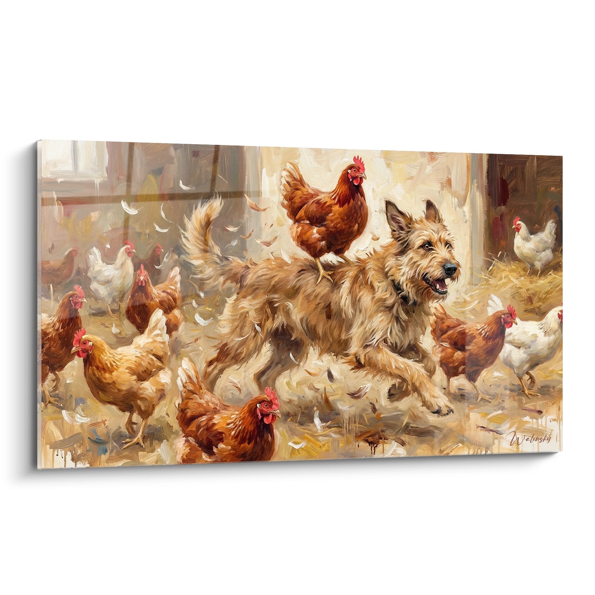 Tableau Berger Picard au pelage fauve entouré de poules rousses et blanches dans une basse-cour chaleureuse aux tons dorés