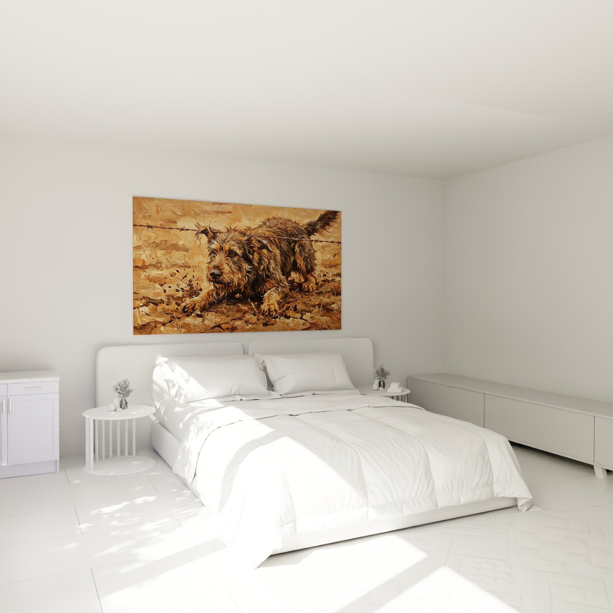 Tableau chien Berger Picard action barbelés déco chambre ambiance rustique couleurs terre