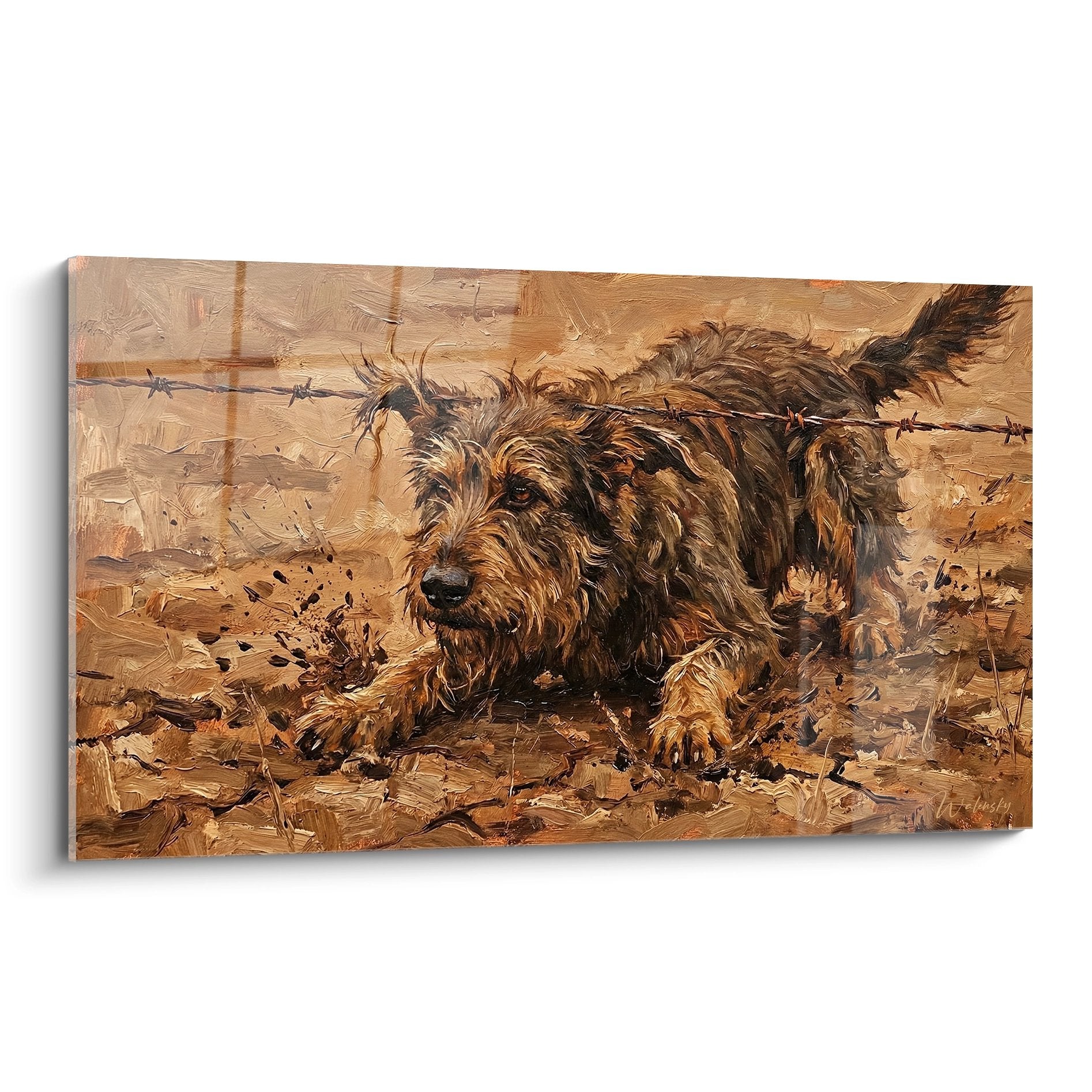 Tableau Berger Picard creusant sous barbelés tons ocres bruns peinture expressive mouvement dynamique