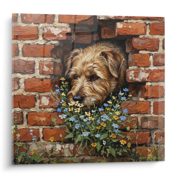 Hundgemälde mit Wildblumen an Backsteinmauer - Florale Kuriosität - Schäferhund Edition