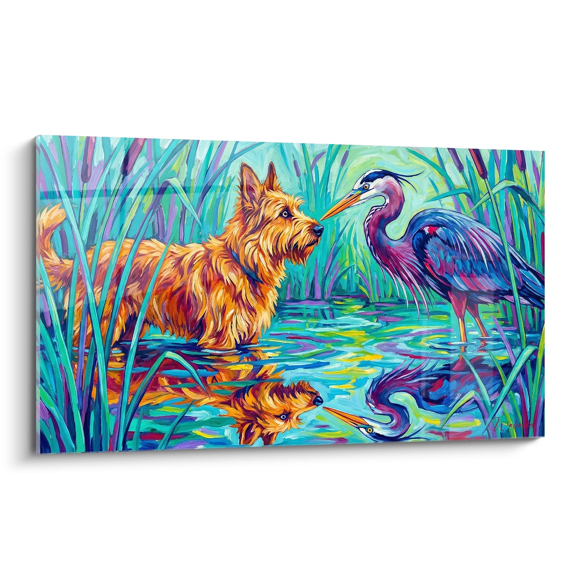 Tableau coloré berger picard roux face héron violet dans roseaux turquoise avec reflets eau multicolore