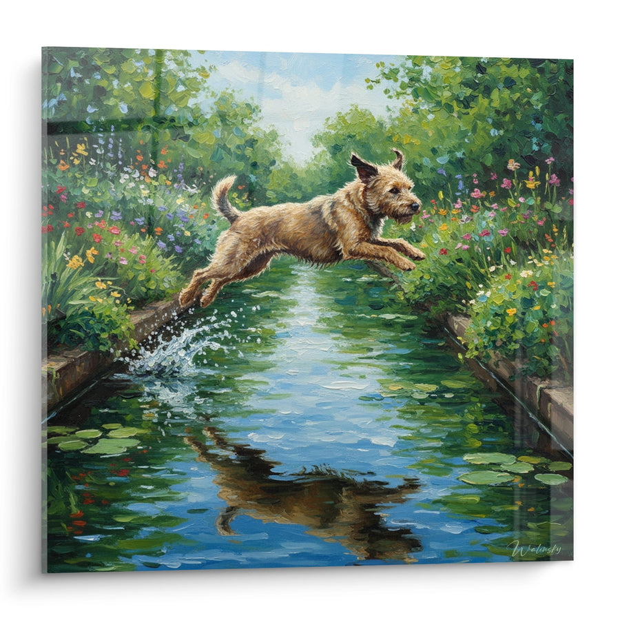 Tableau Chien Sautant au-dessus d'un Ruisseau Fleuri - Bond Joyeux - Edition Berger Picard