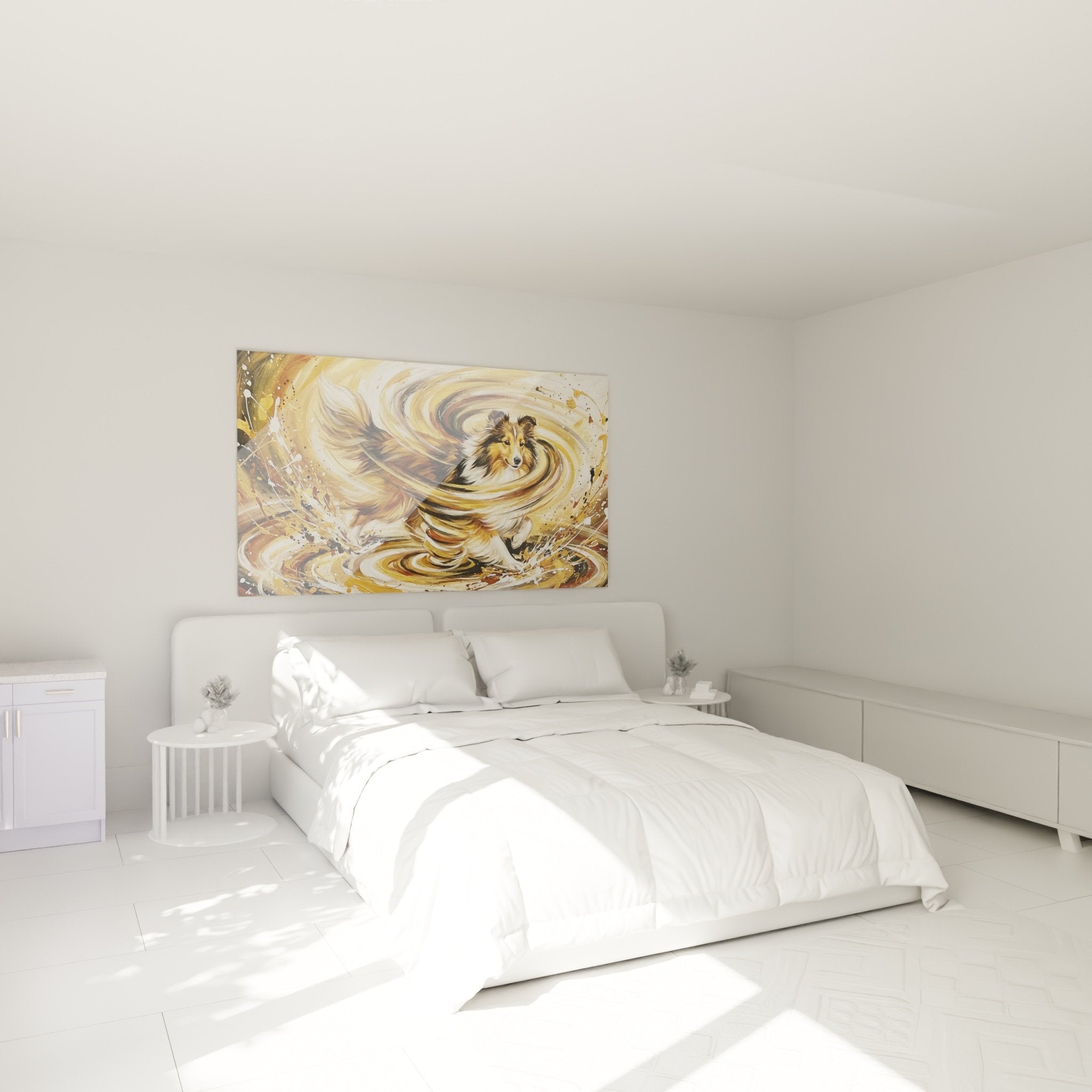 Tableau berger des shetland tourbillon dore dans chambre moderne decoration murale art animalier contemporain