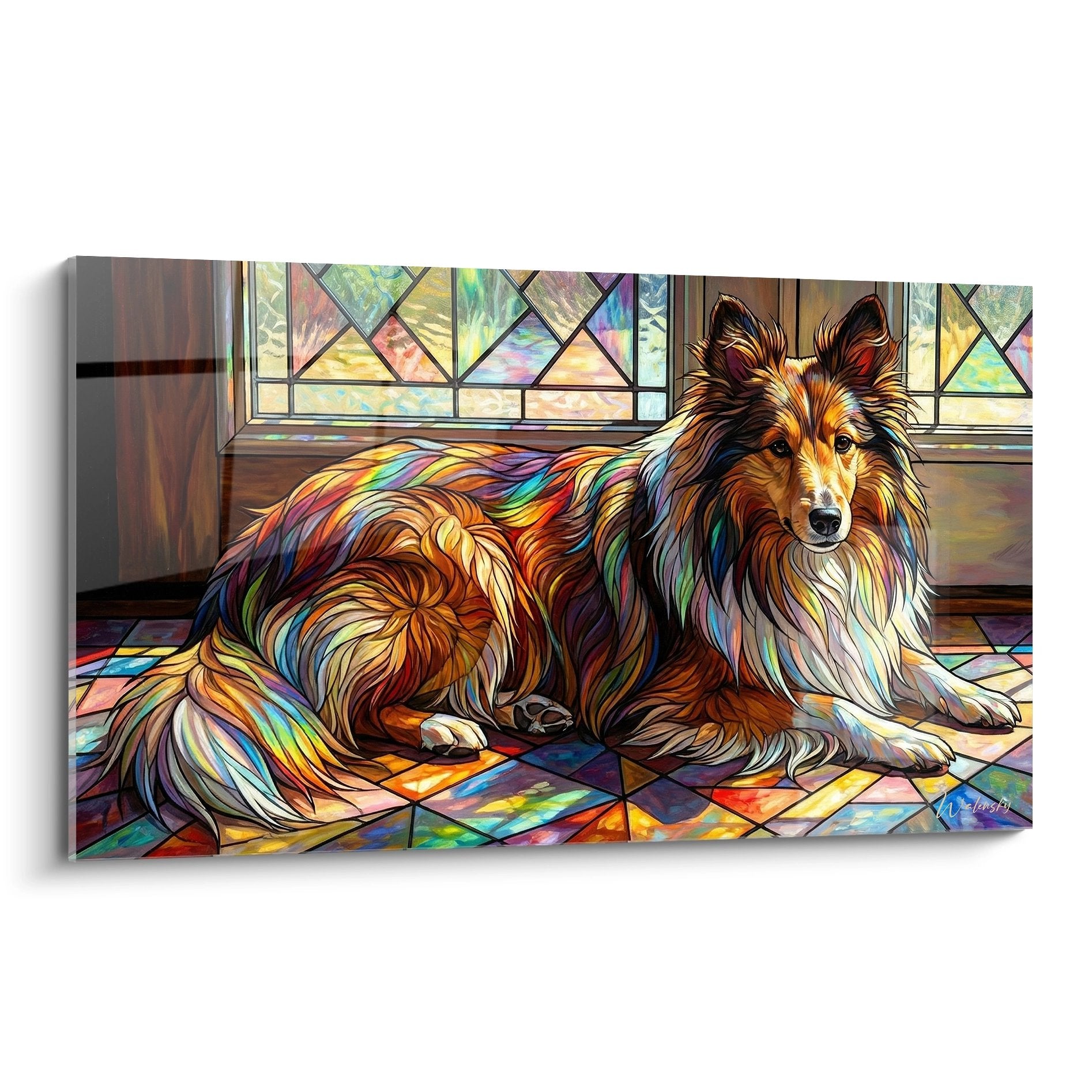 Berger des Shetland aux reflets multicolores allongé sur carrelage géométrique prismatique près d'une fenêtre lumineuse