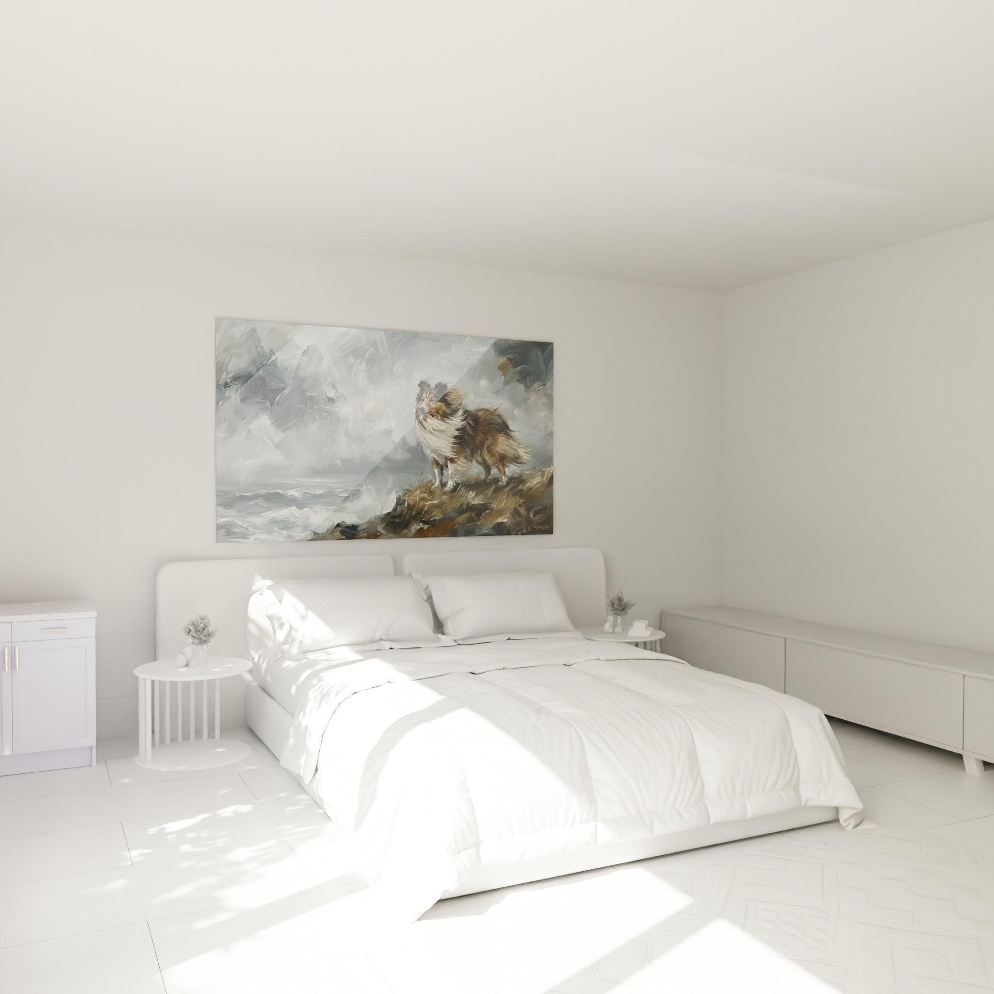 Décoration murale berger shetland dans tempête maritime ambiance chambre moderne tons gris blanc