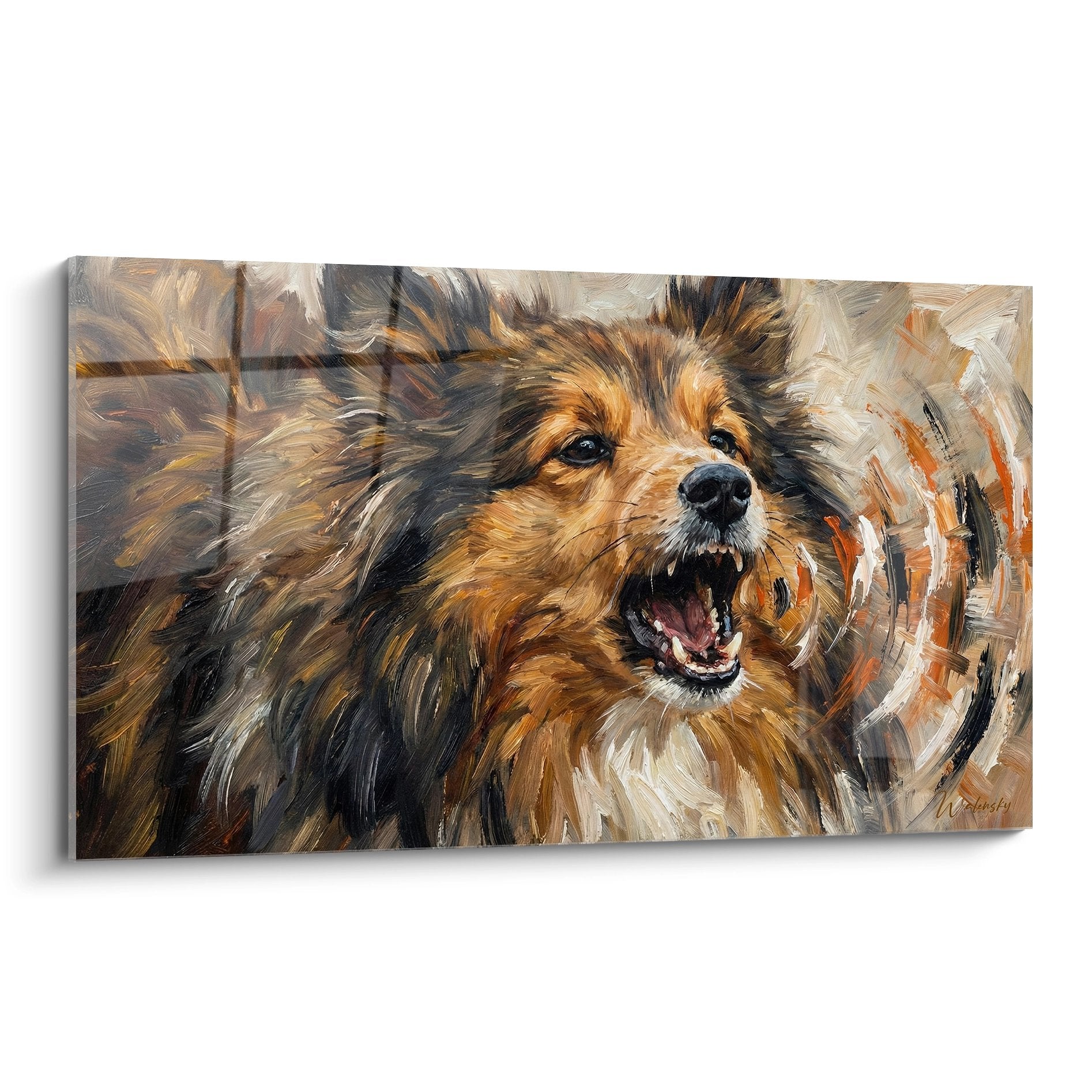 tableau berger des shetland tons chauds cuivres aboyant peinture expressive