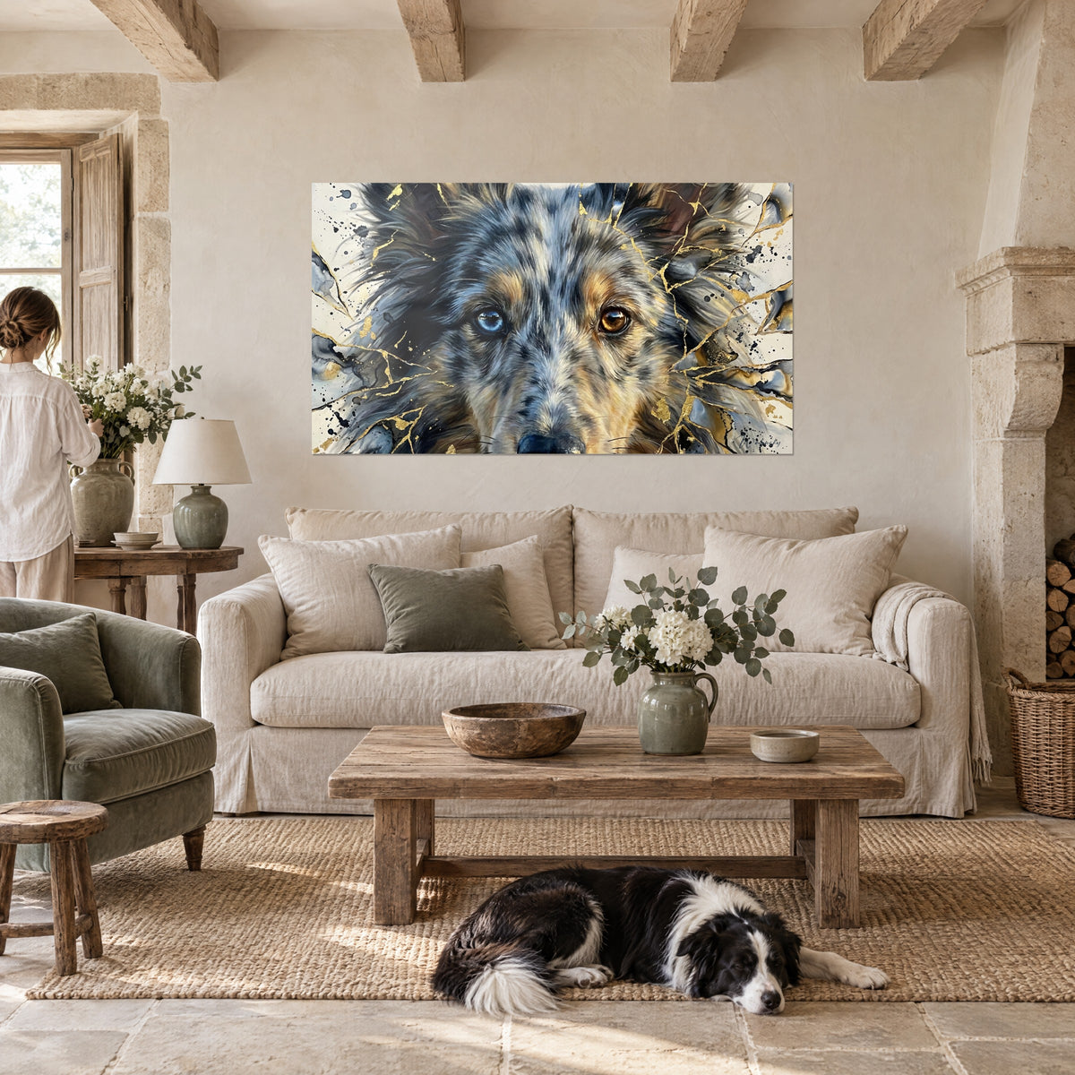 Wall art blue merle sheepdog with a glass eye, golden flecks on cream background, three people seen from behind, collie above a sofa in a bright living room