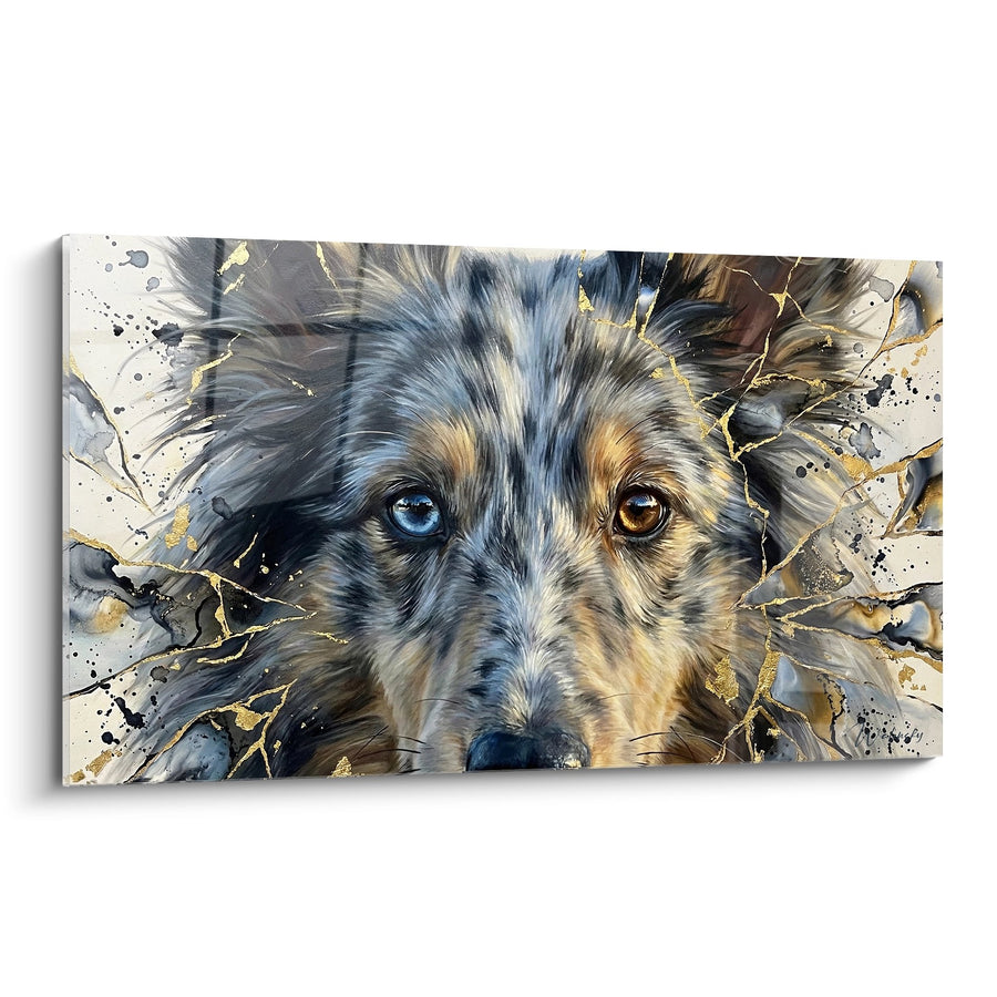 Tableau Portrait Chien aux Yeux Vairons sur Éclats Dorés - Regard Perçant - Edition Berger des Shetland