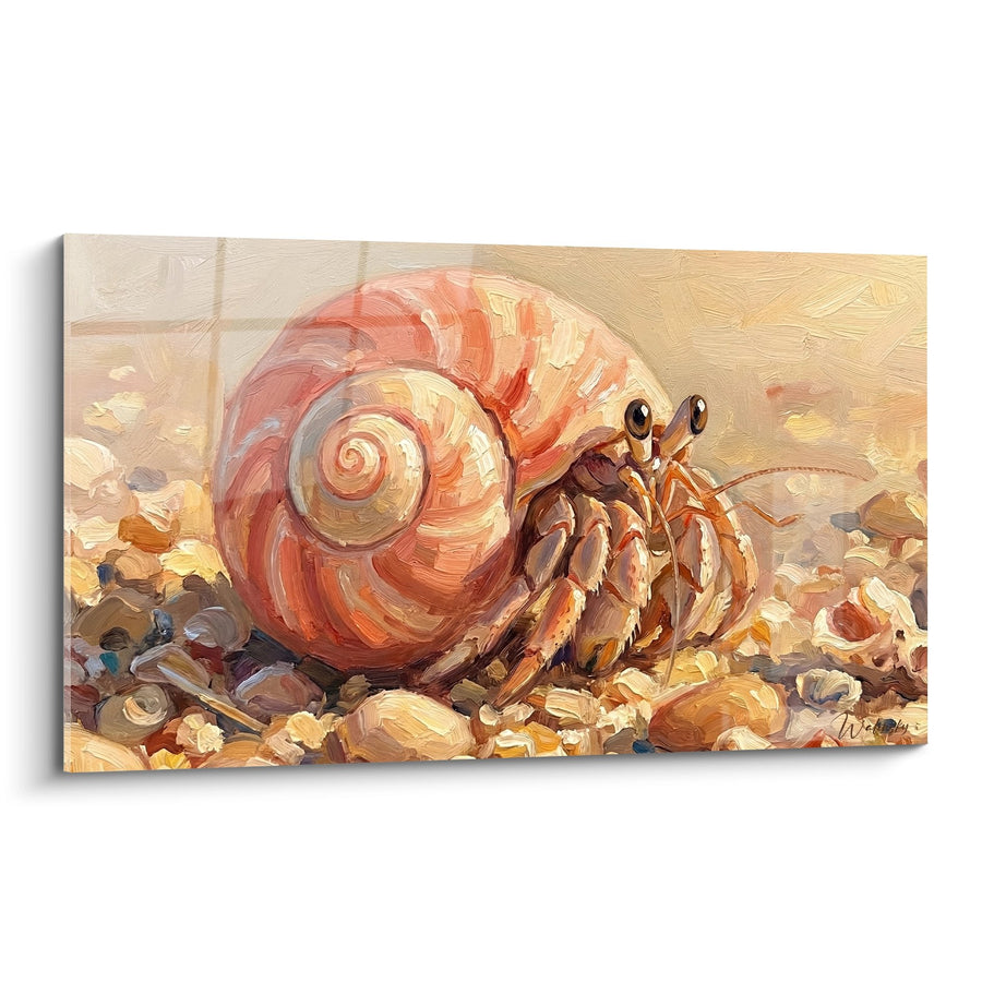 Tableau Bernard-l'hermite aux tons corail et orange dans sa coquille spiralée - Refuge Coloré - Edition Bernard-l'hermite
