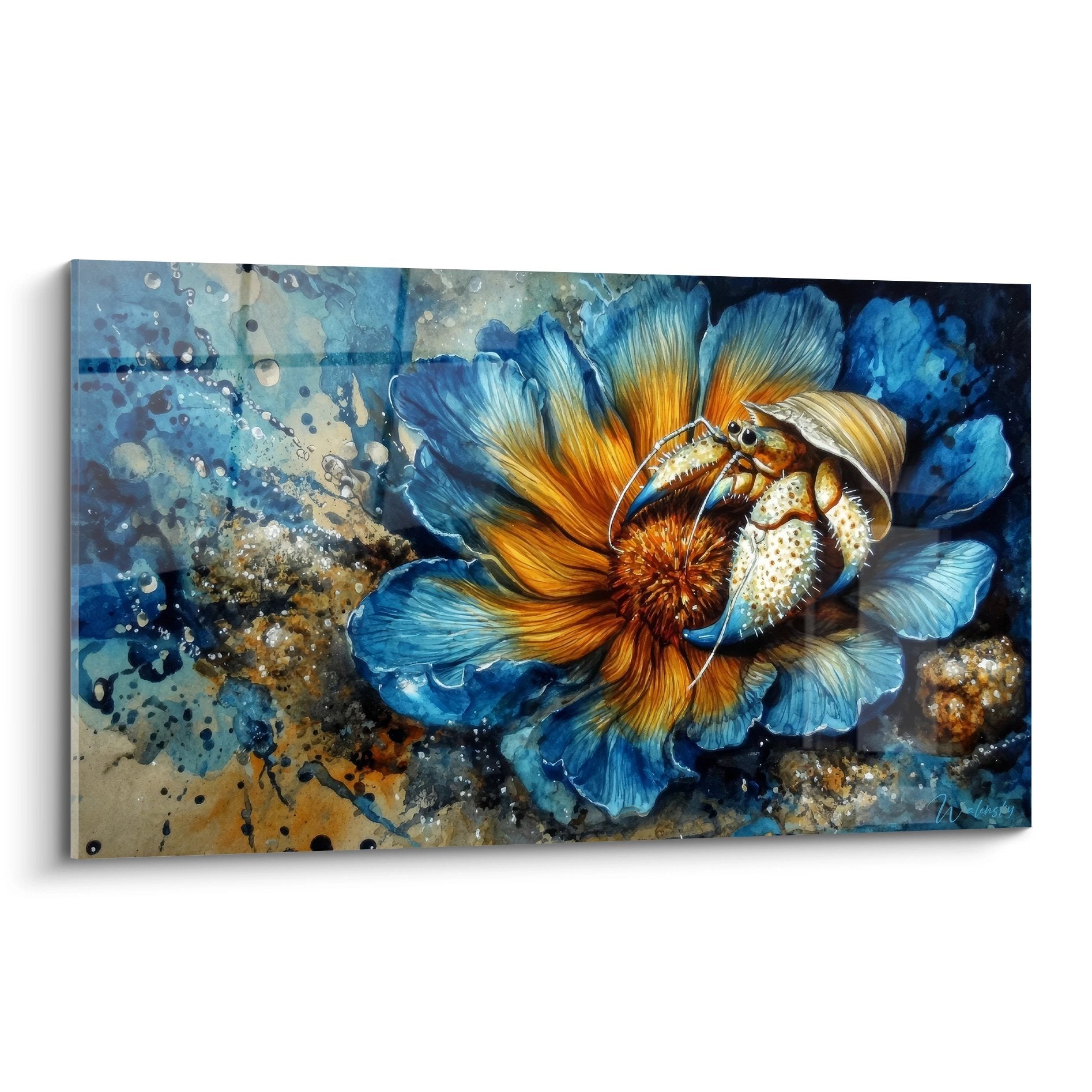 künstlerische Einsiedlerkrebs auf blauer Meersblume orange goldene Spritzer zeitgenössische Meereskunst