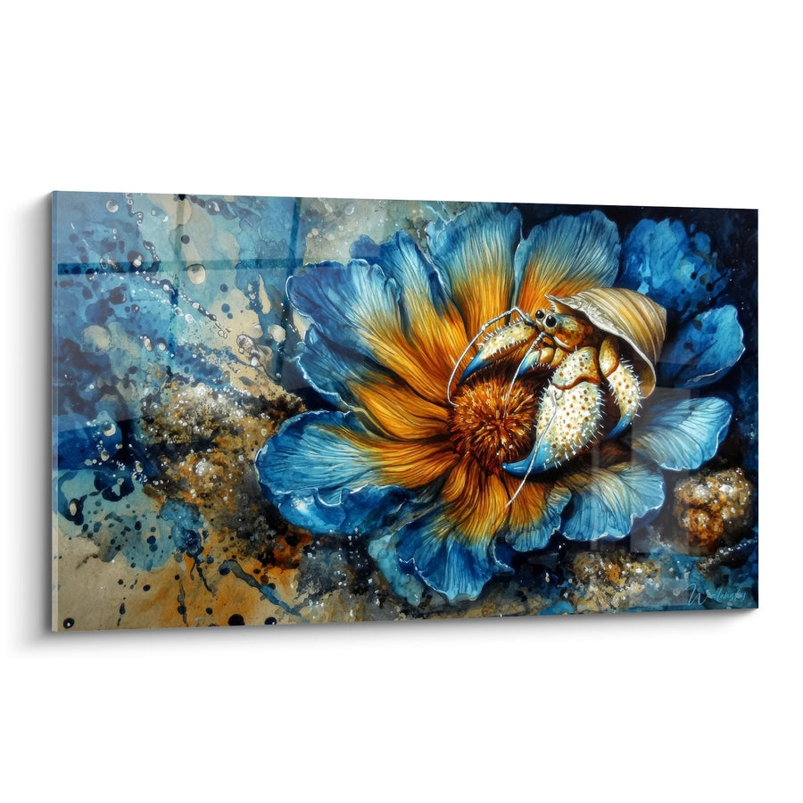 Tableau Bernard-l'Hermite Artistique Bleu et Orange sur Fleur Marine - Symphonie Océanique - Edition Bernard-l'hermite