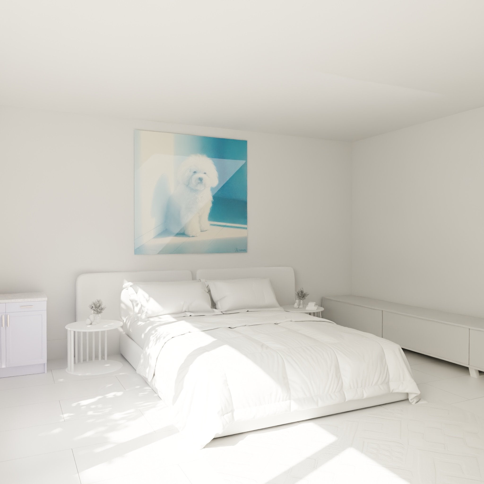 Bichon-Frise-Gemälde in Weiß mit Blautönen dekoriert ein Schlafzimmer mit Zen-Atmosphäre und Gemütlichkeit