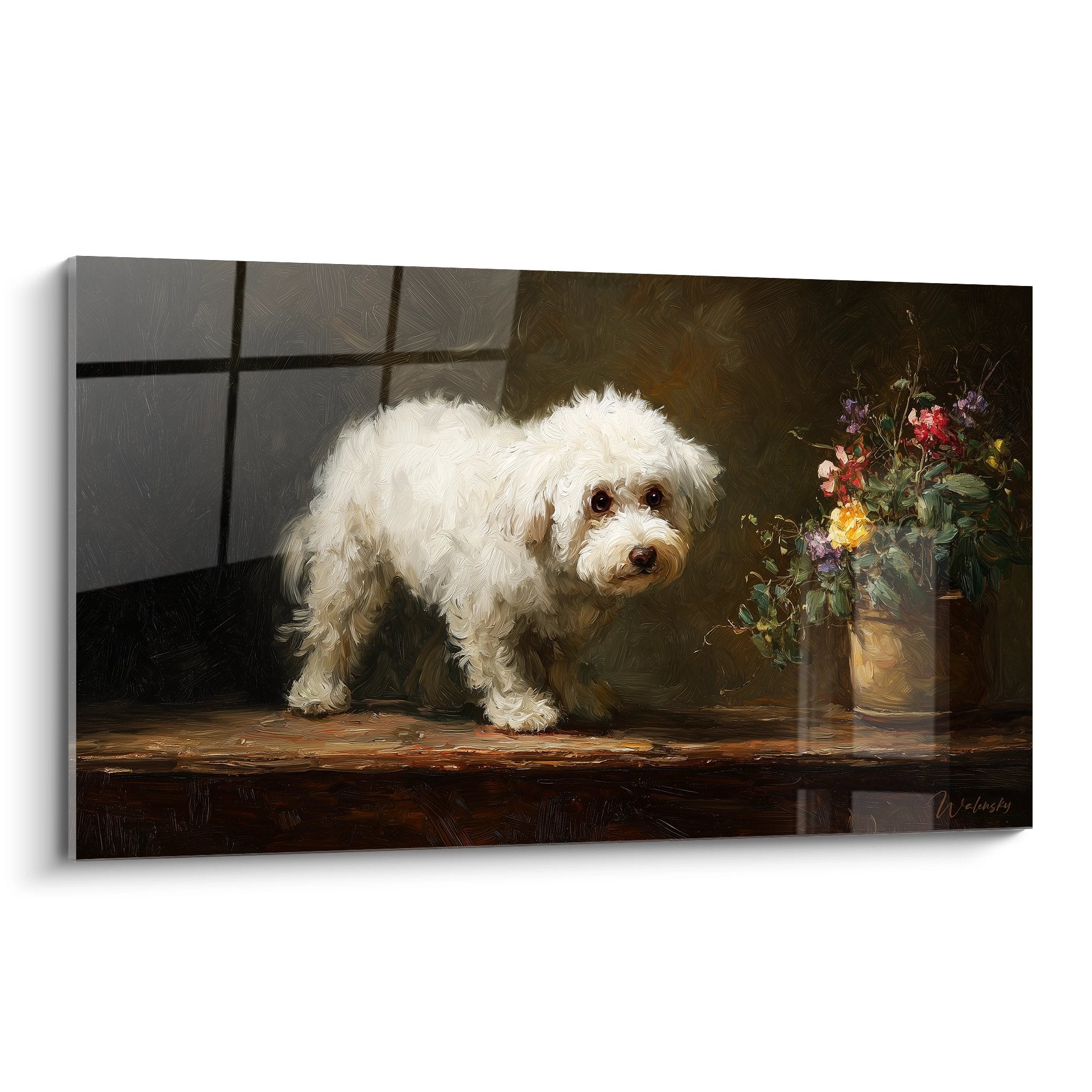 Bichon Frise blanc sur table bois avec bouquet fleurs colore dans interieur classique tons bruns