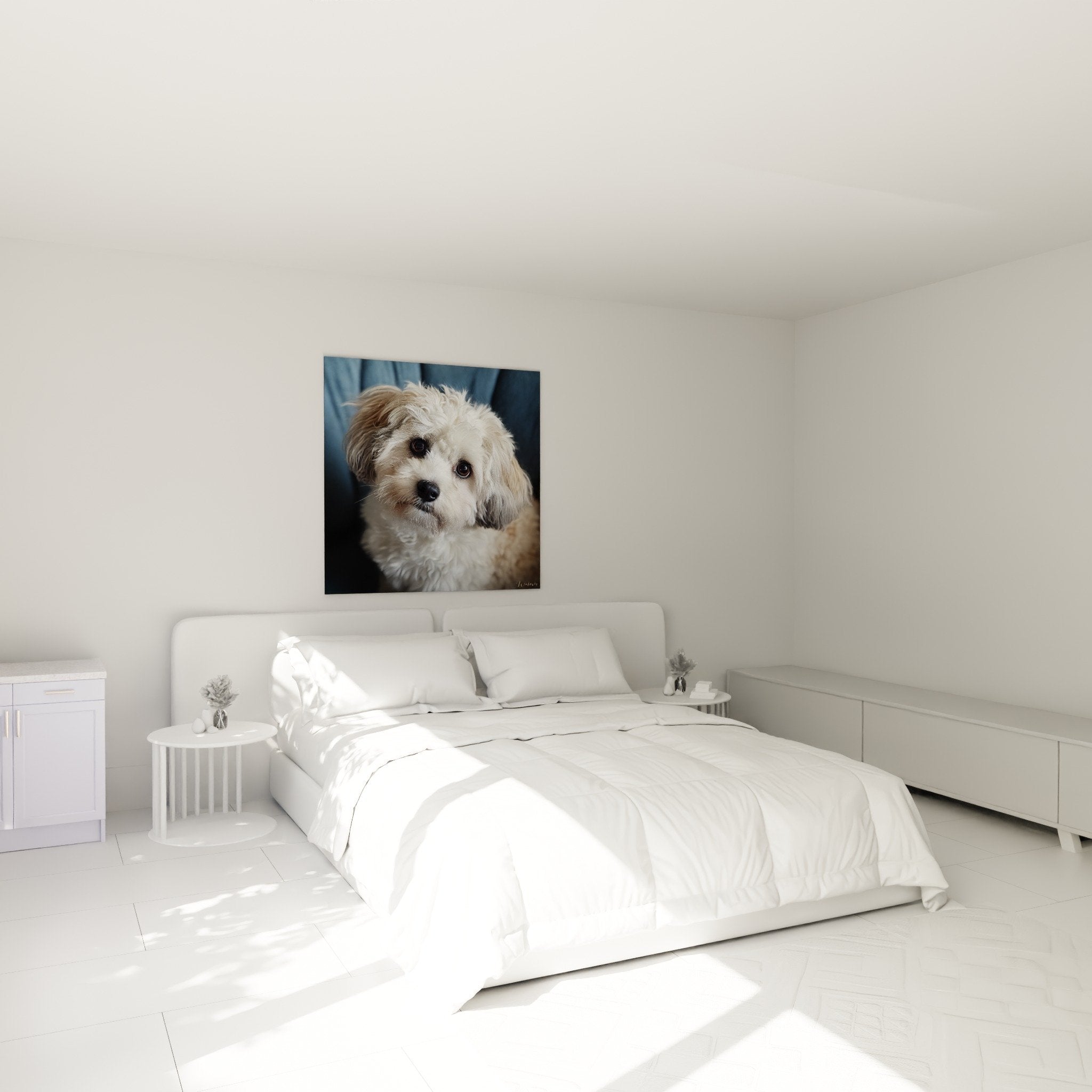 Tableau Bichon Havanais tons creme dans chambre decoration murale apaisante ambiance douce cocooning