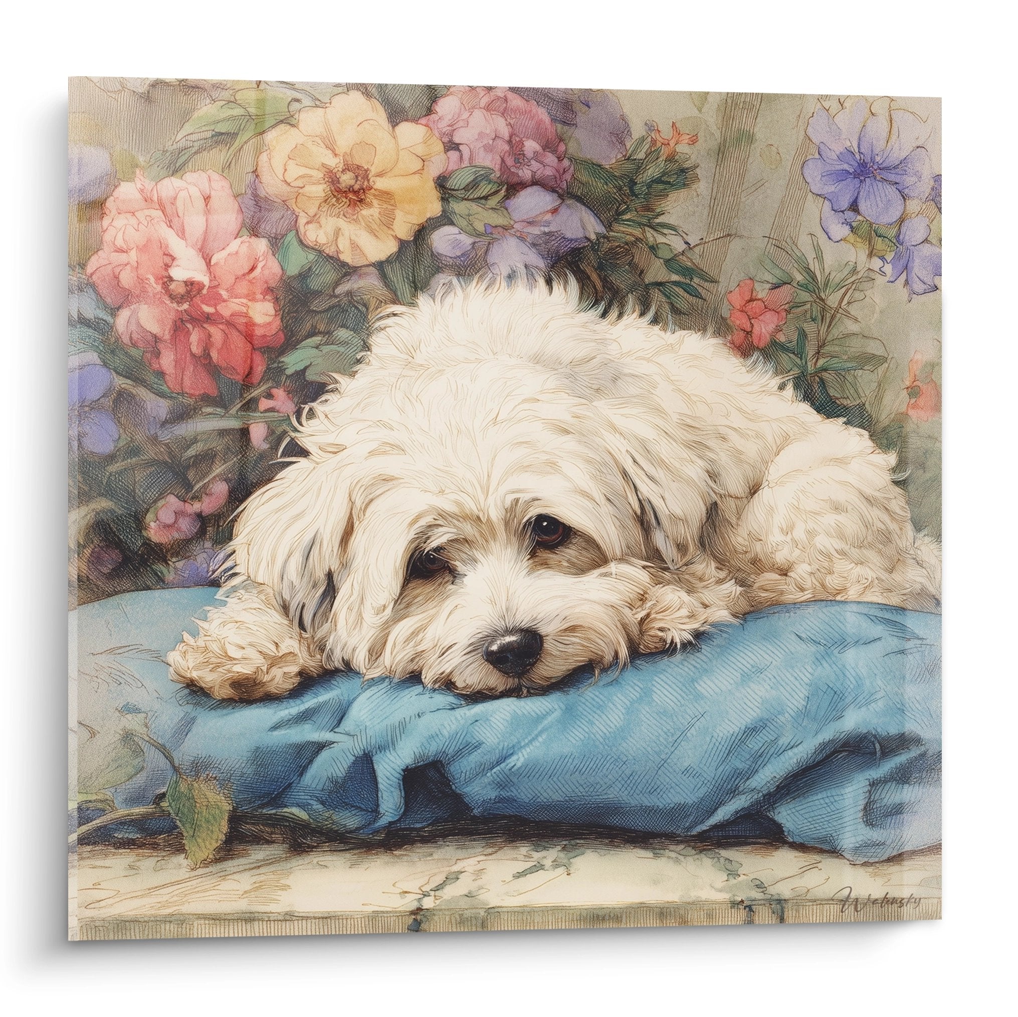 Bichon Havanais endormi sur coussin bleu avec bouquet de fleurs pastel roses jaunes et mauves