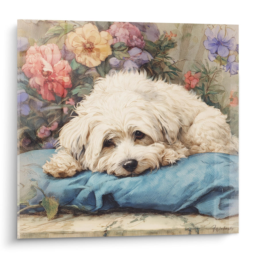 Tableau Bichon Havanais Endormi sur Coussin Bleu avec Bouquet Fleuri - Douceur Pastel - Edition Bichon Havanais