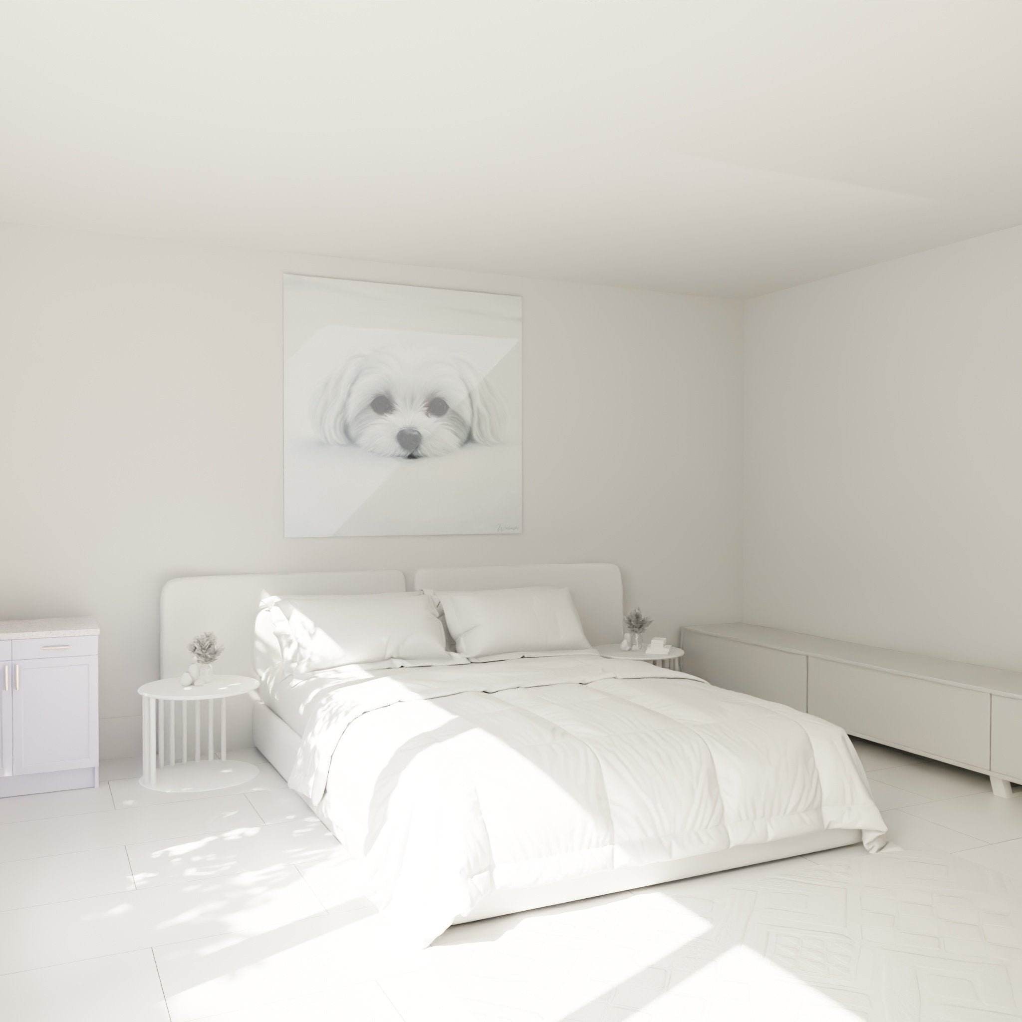 tableau bichon maltais blanc nuageux decore chambre mur blanc ambiance sereine douce luminosite naturelle