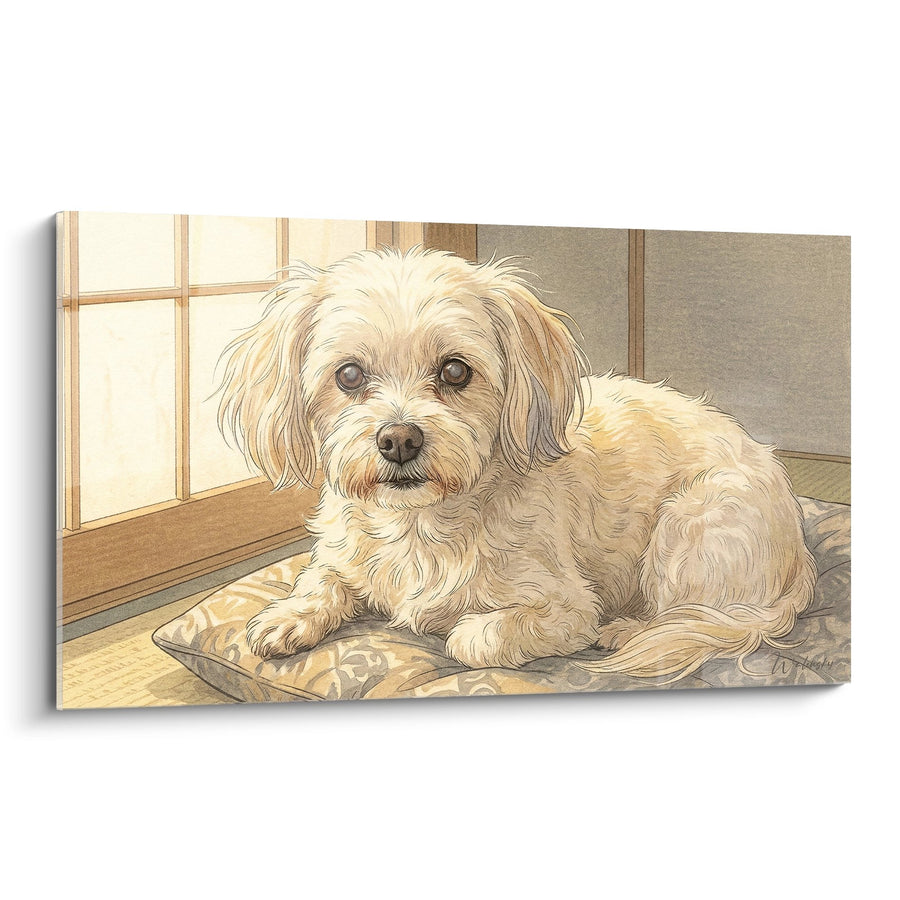 Tableau Chien Crème aux Yeux Tendres sur Coussin - Repos Contemplatif - Edition Bichon Maltais