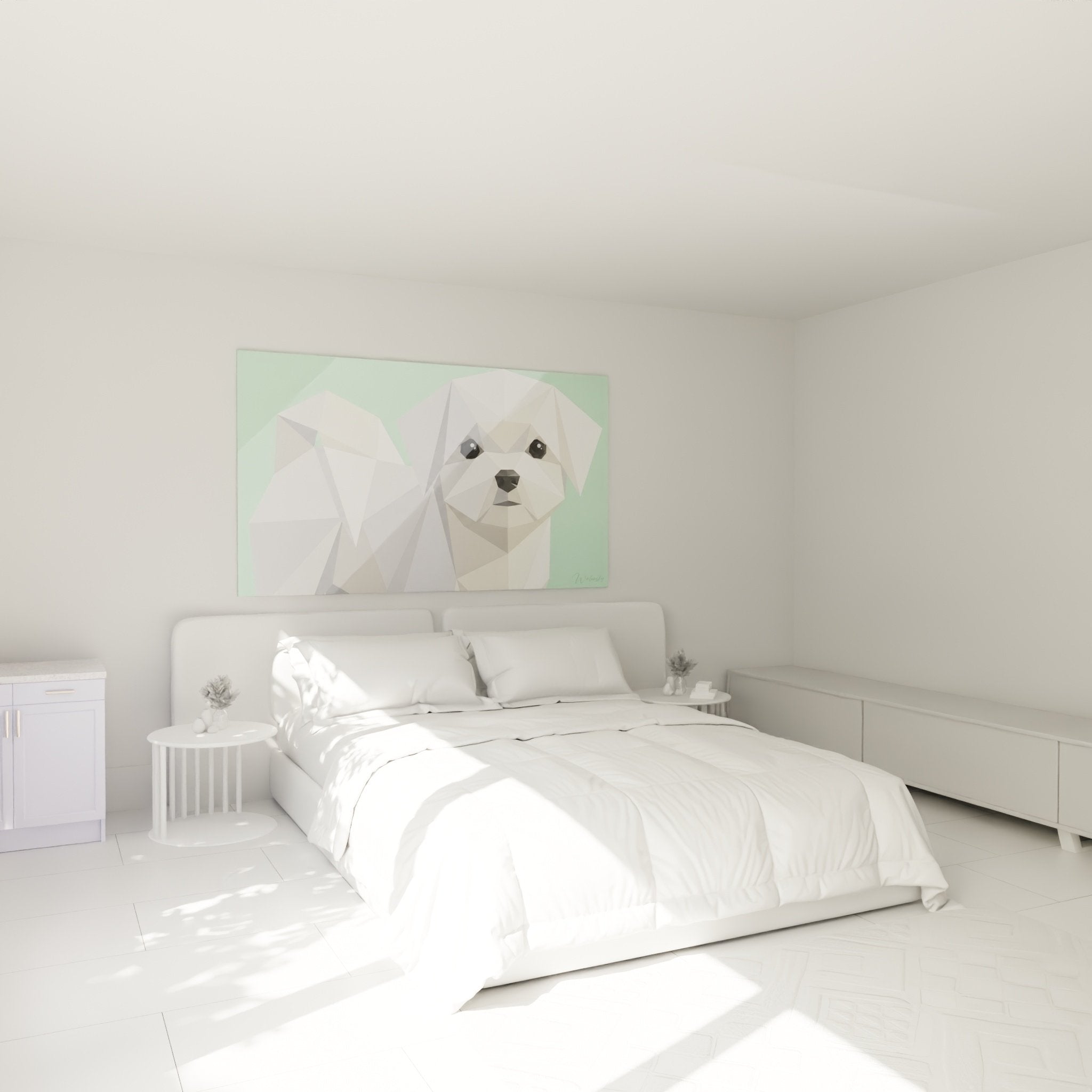 Tableau Bichon Maltais polygonal blanc et vert dans chambre moderne décoration murale contemporaine