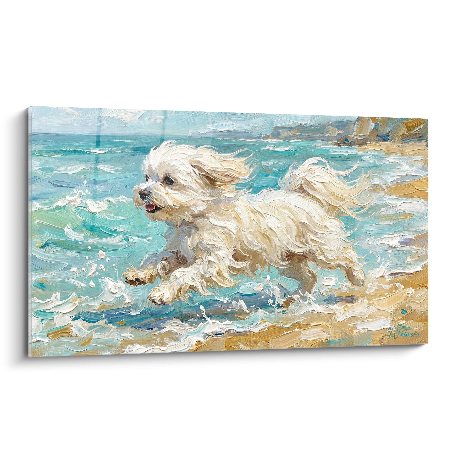 tableau bichon maltais courant sur plage turquoise pelage blanc au vent peinture marine dynamique
