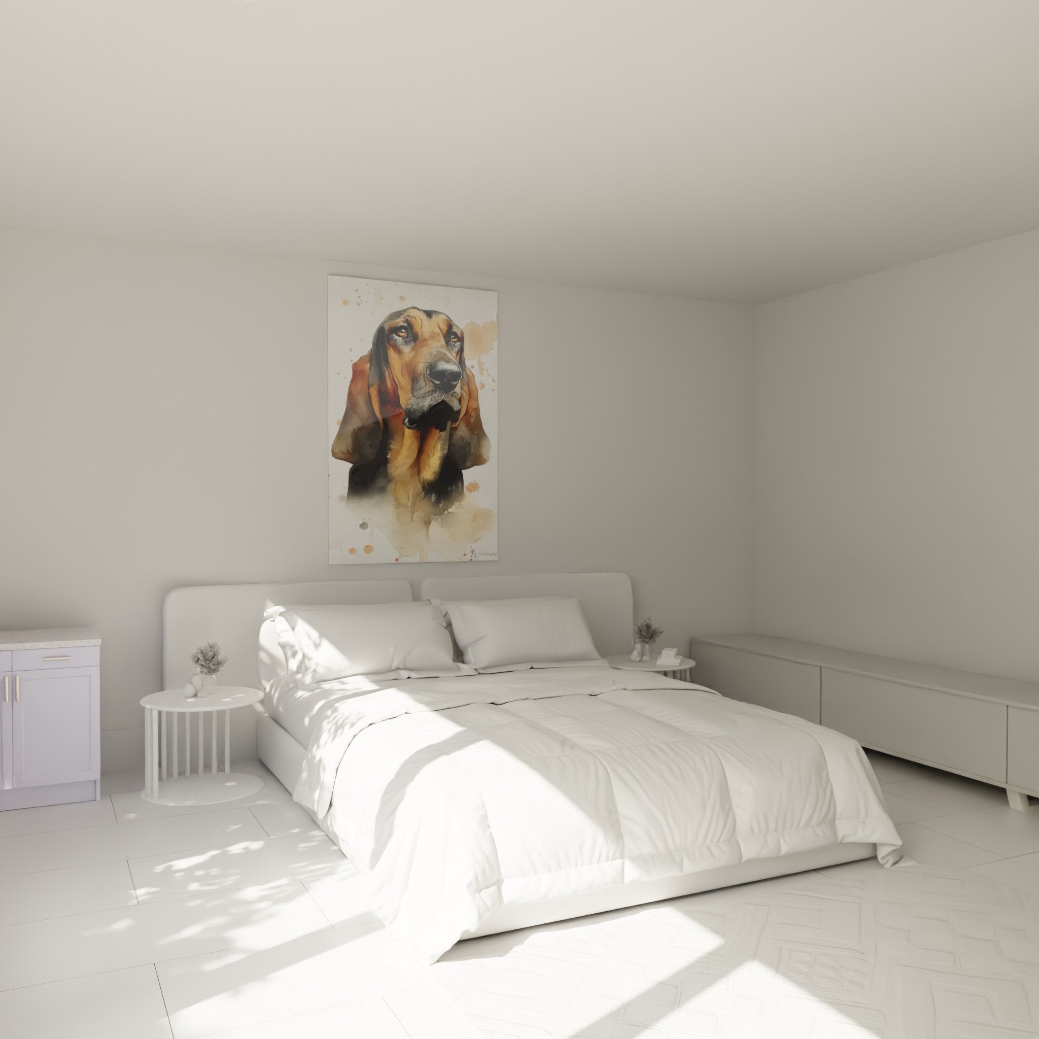 Tableau chien aquarelle Bloodhound dans chambre décoration murale tons chauds ambiance cosy