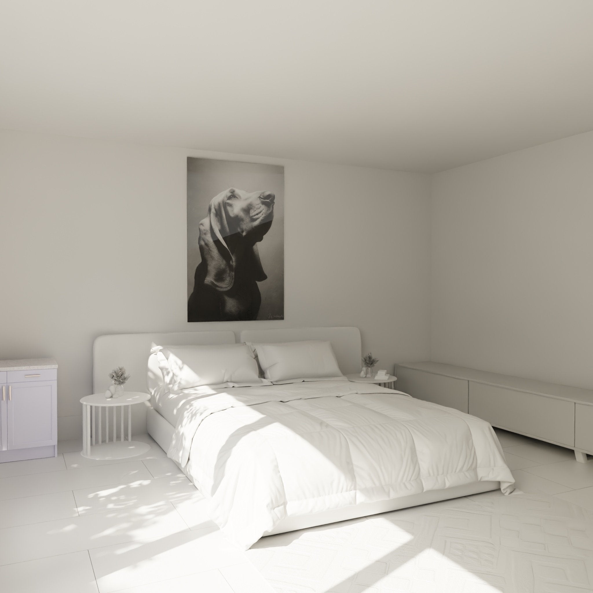 Tableau Bloodhound monochrome accroché dans chambre moderne, décoration murale artistique et apaisante