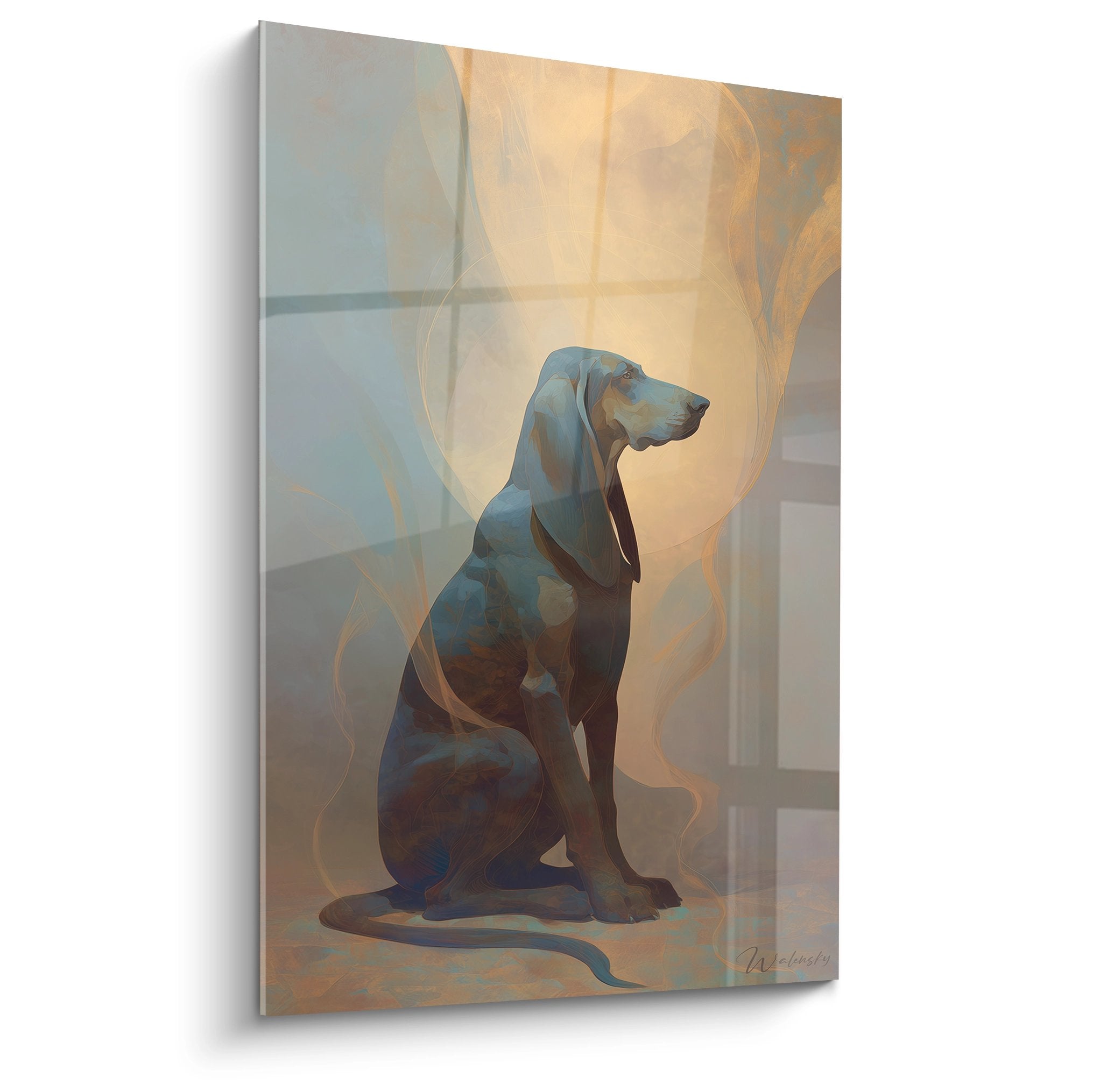 Portrait de Bloodhound assis aux tons bleus et dores dans style contemplatif avec effets transparence