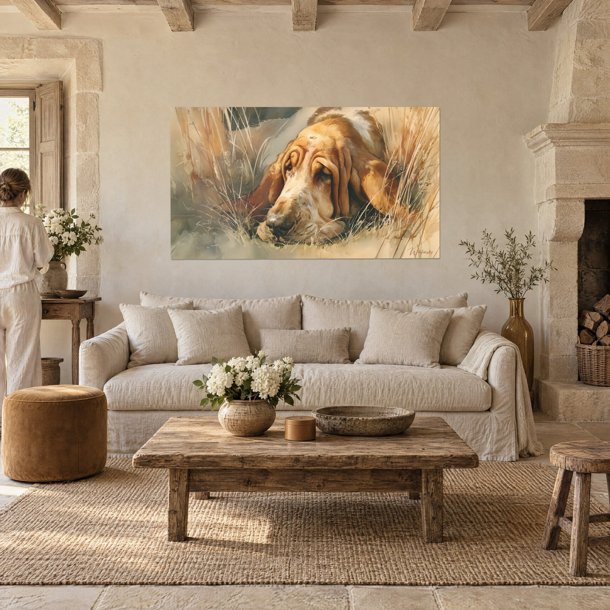 Wall art sleeping bloodhound in golden grass, ochre and russet muzzle, above a sofa in a bright living room