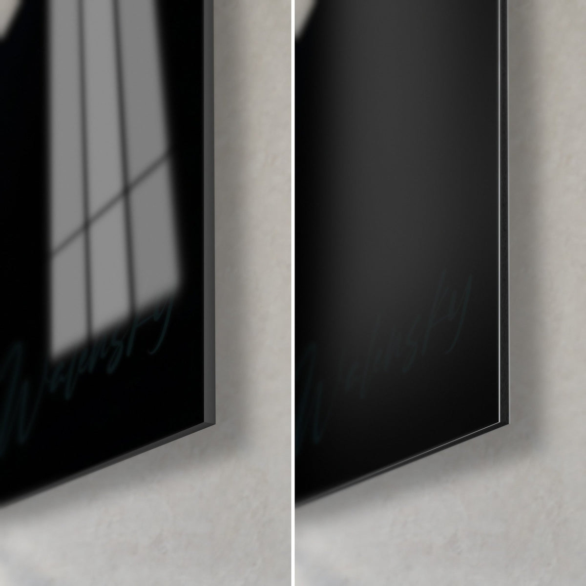 Gemälde Spürhund-Porträt, untere rechte Ecke: glänzendes Acrylglas mit Reflexen, mattschwarzes Alu-Dibond, 3 mm Kante