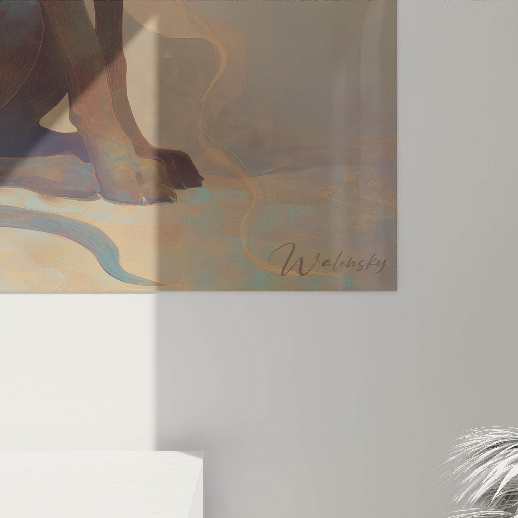 Vue ensemble tableau Bloodhound contemplatif tons bleus integration decoration interieure harmonieuse