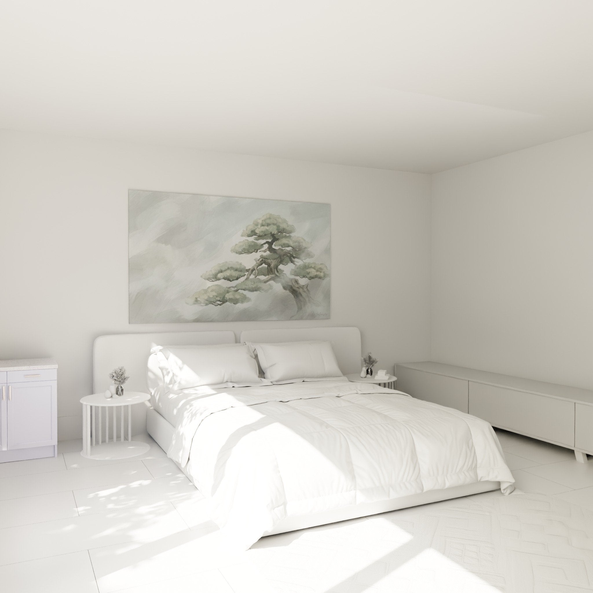 Tableau bonsaï aquarelle gris vert dans chambre moderne mur blanc ambiance zen relaxante