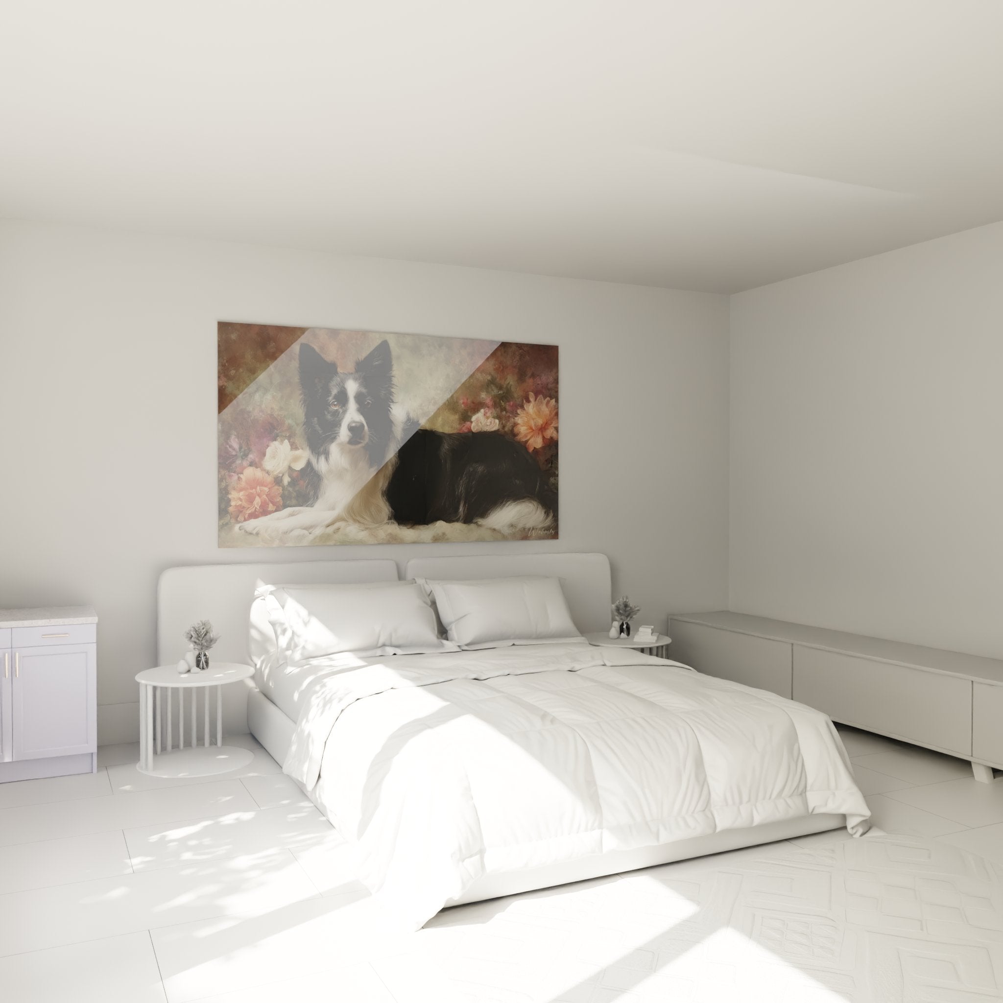 Tableau Border Collie fleuri décorant chambre moderne murs clairs ambiance douce romantique