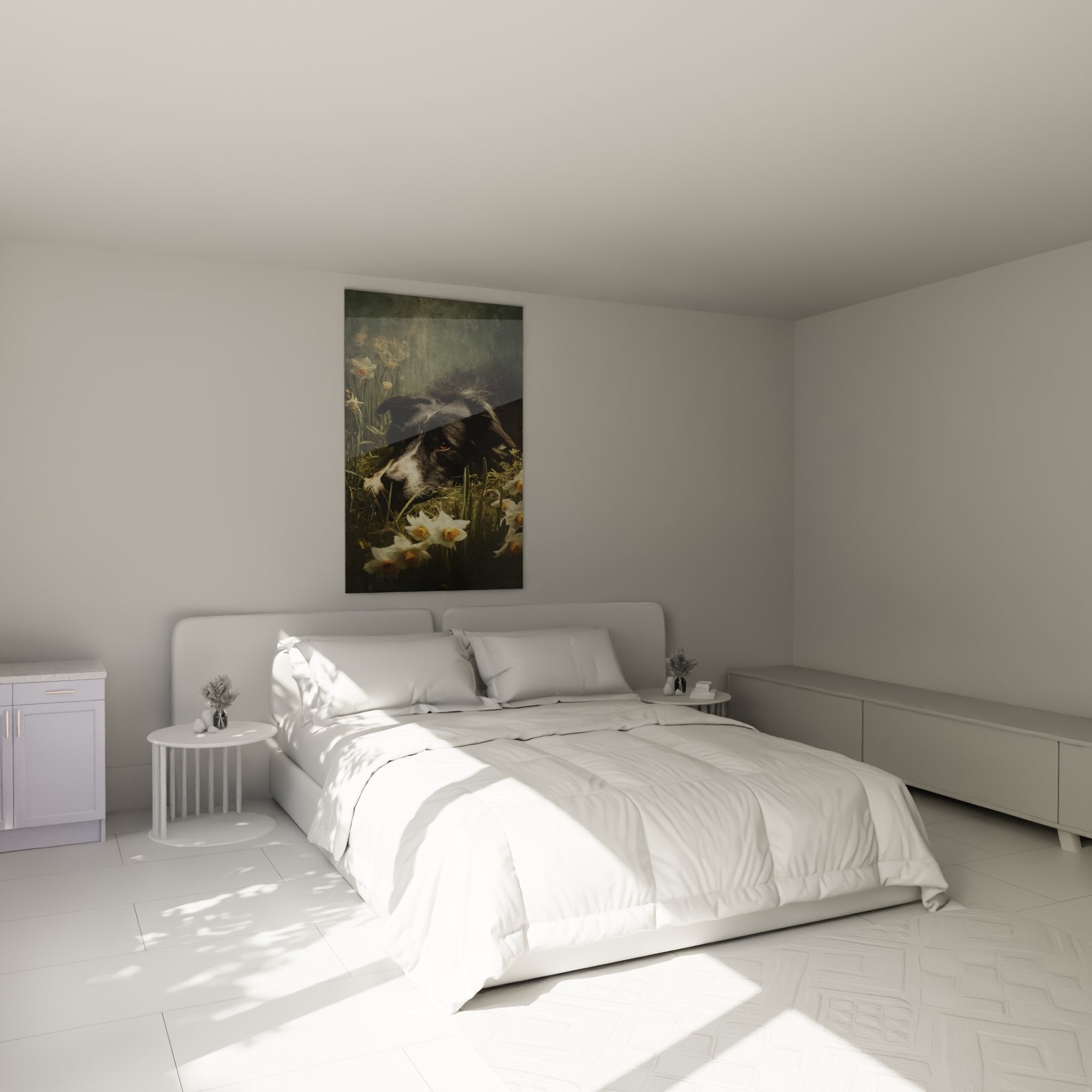 tableau border collie parmi narcisses blancs dans chambre decoration murale apaisante art animalier