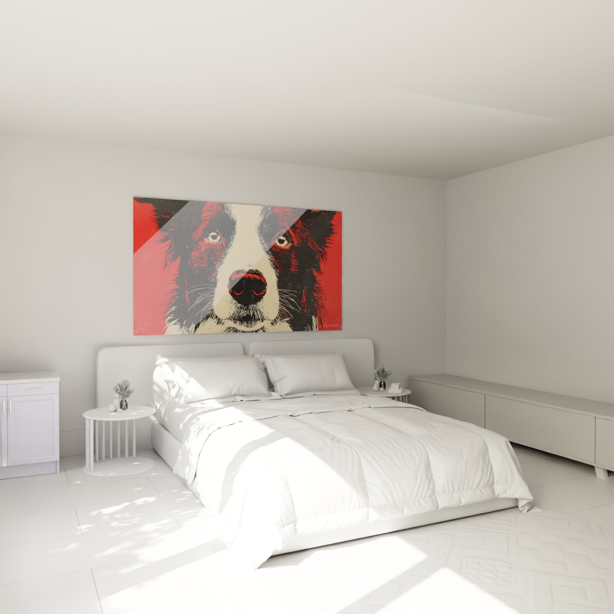 Tableau border collie rouge dans chambre decoration murale moderne portrait chien artistique