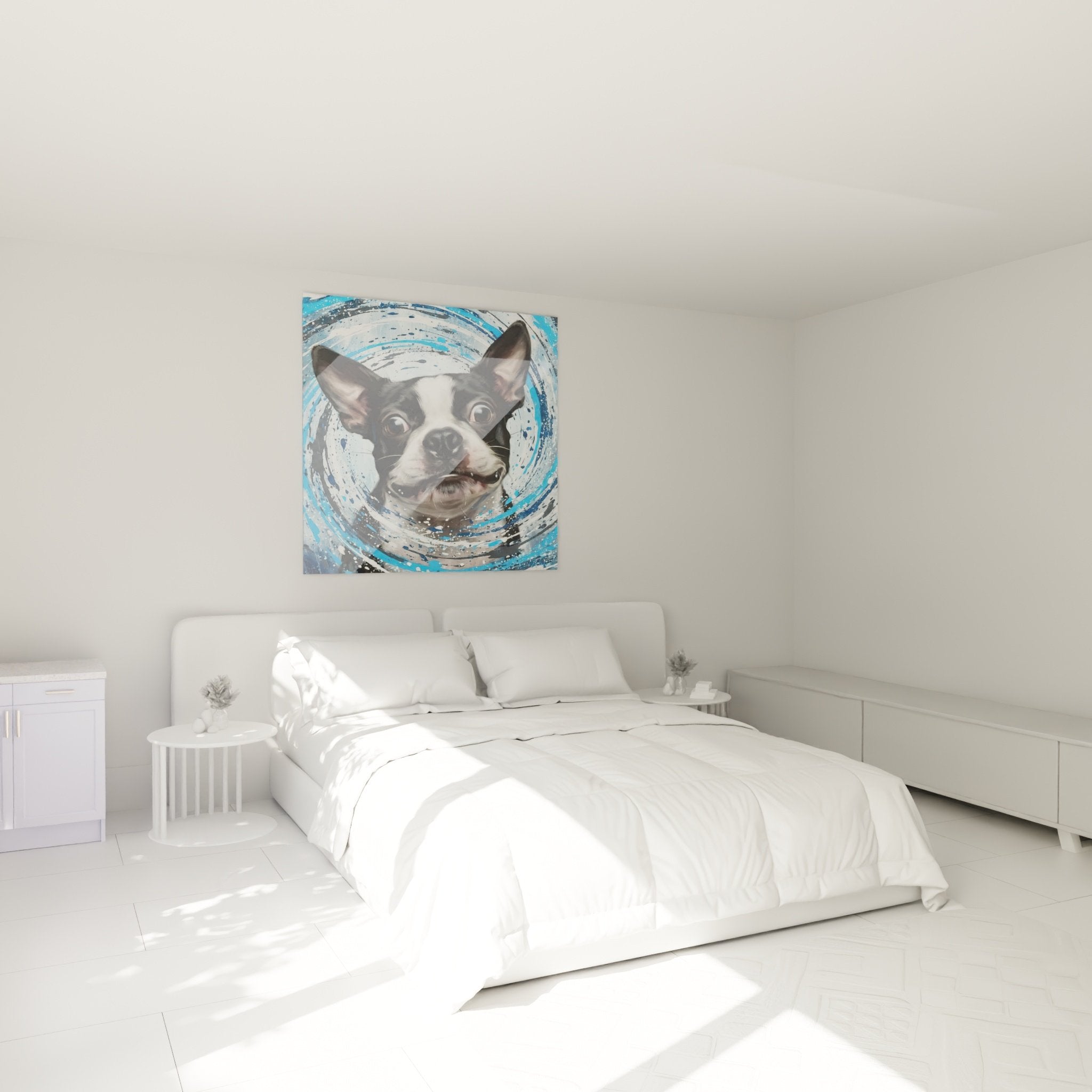 Boston Terrier Gemälde Wirbel Blau dekoriert modernes Schlafzimmer weiße Wand zeitgenössische Möbel