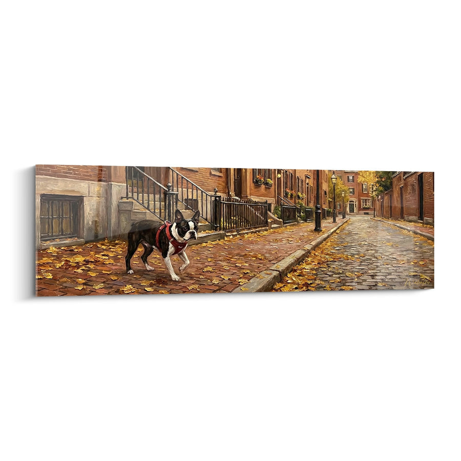 Tableau Boston Terrier sur Rue Pavée d'Automne - Promenade Urbaine - Edition Boston Terrier