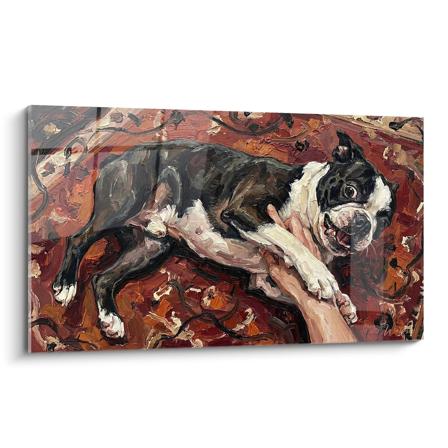 Tableau Boston Terrier Allongé sur Tapis Rouge Oriental - Repos Paisible - Edition Boston Terrier