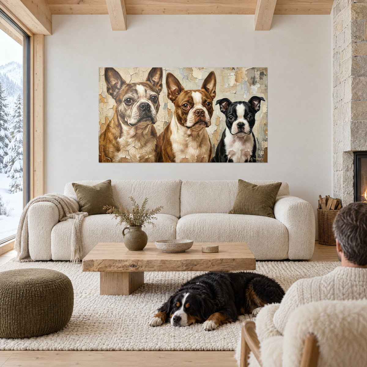 Tableau trio de Boston Terriers bruns et noir sur fond d'enduit craquelé beige, au-dessus d'un canapé dans un salon lumineux
