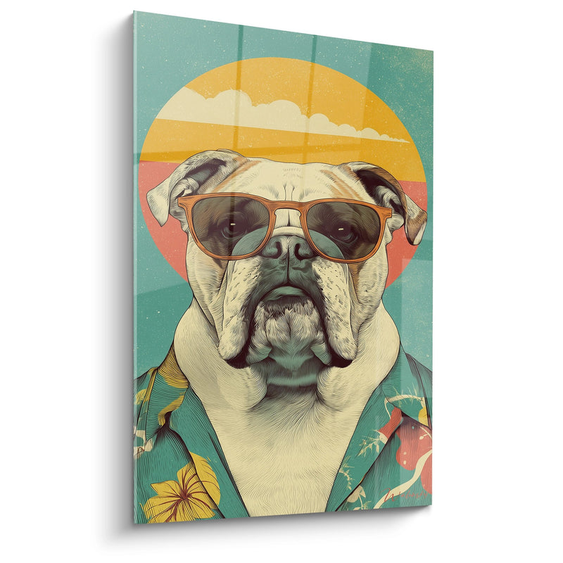 Tableau Bouledogue Anglais à Lunettes Dorées sur Fond Tropical - Portrait Rétro - Edition Bouledogue Anglais